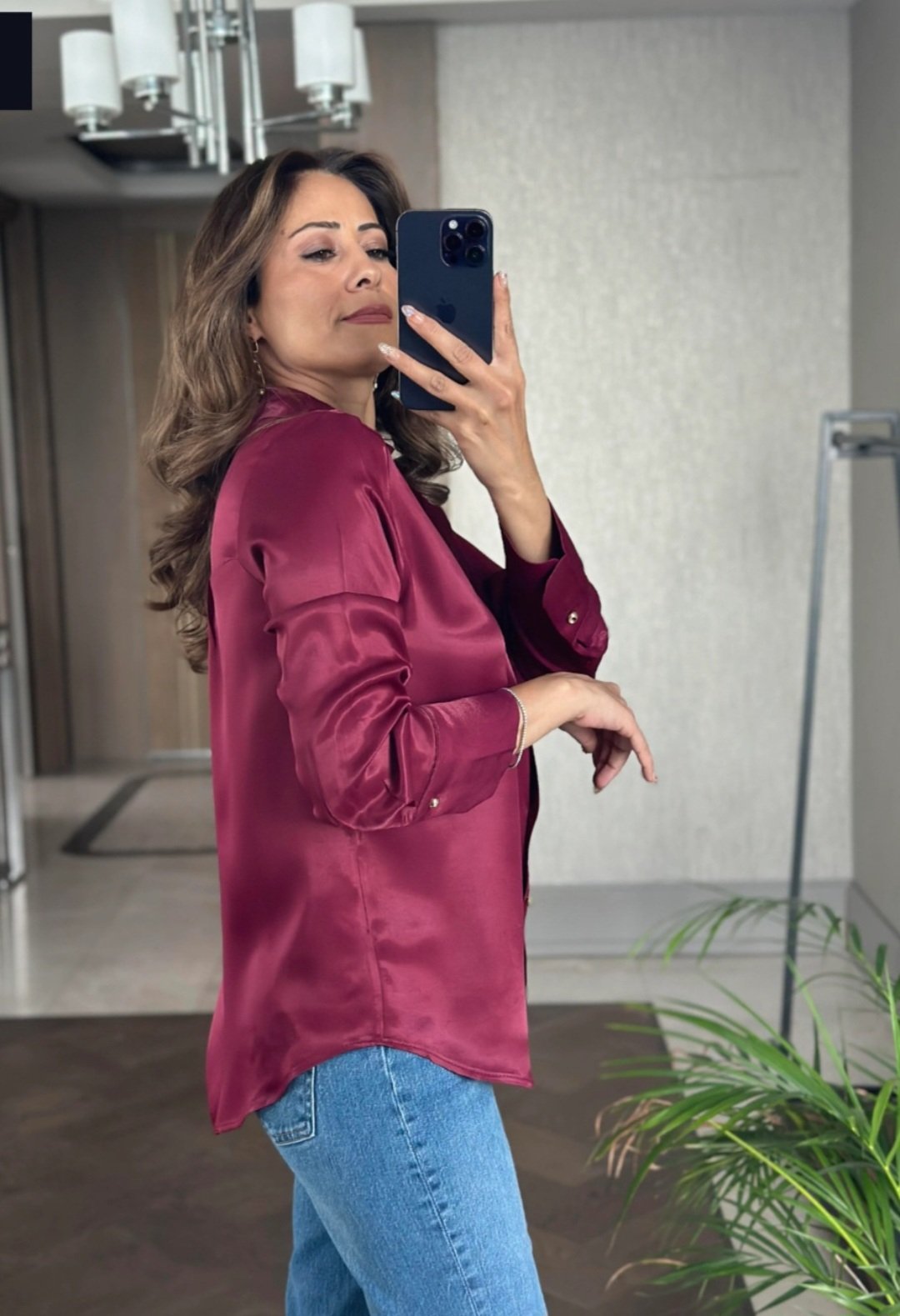 Burgundy satin shirt with gold buttons  - Image 3