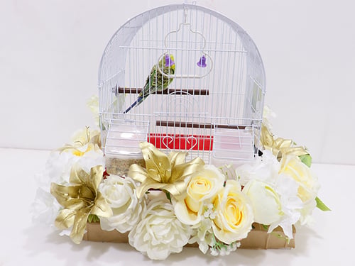 Love bird with cage decorated with colorful artificial flowers-171 - Image 1