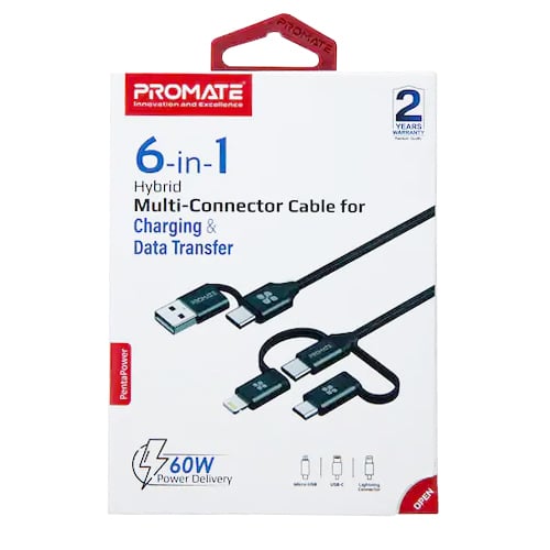 PROMATE-6 in 1 Hybrid Multi-Connector Cable للشحن ونقل البيانات رقم.787E - صورة 1