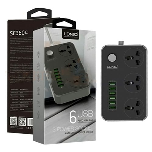 وصلة كهربائية LDNIO SC3604 ، 6 منافذ USB بقوة 3.4 أمبير ، 3 مقابس رقم.1047E - صورة 1