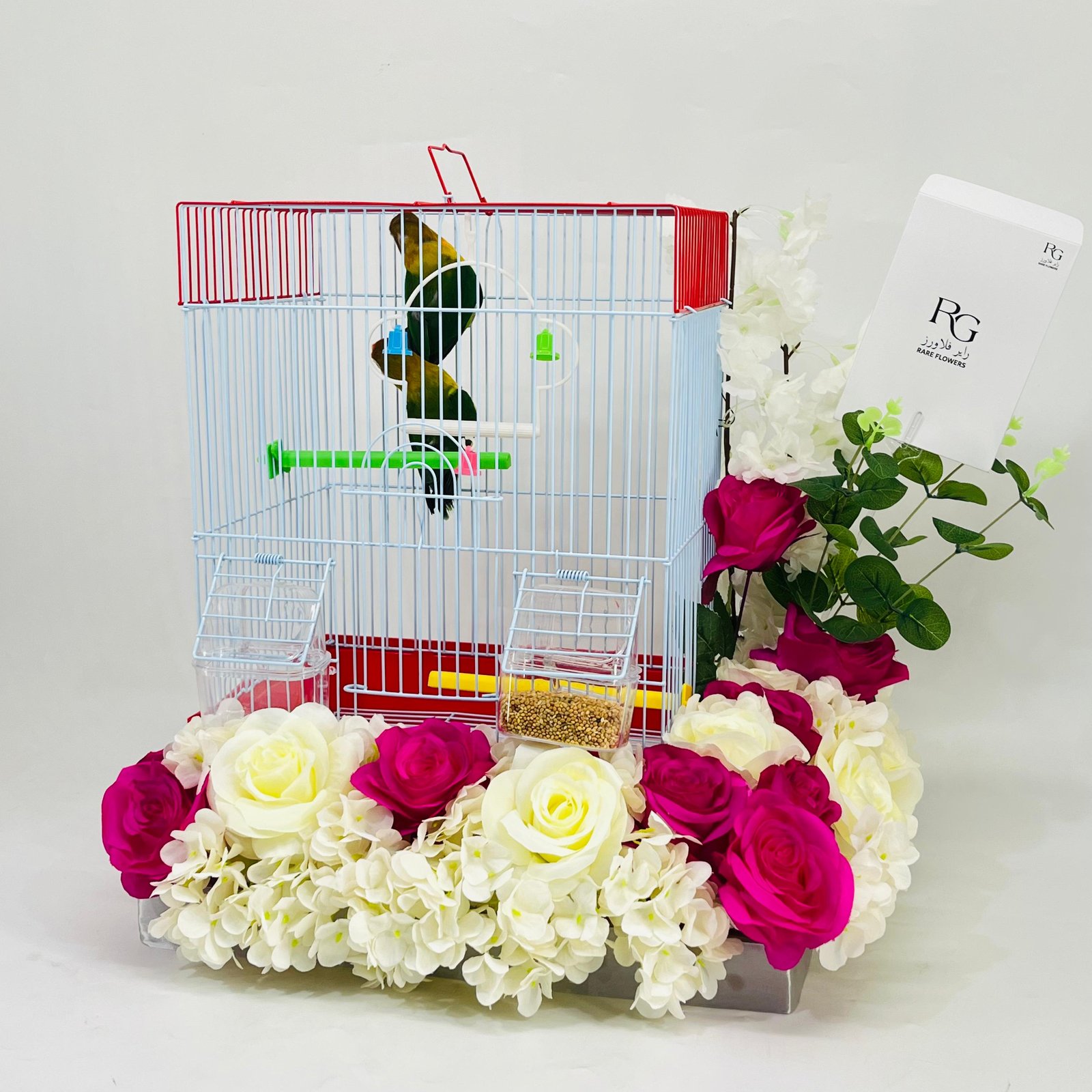 Two pairs of little parrot birds with a cage decorated with colorful artificial flowers-171 - Image 3