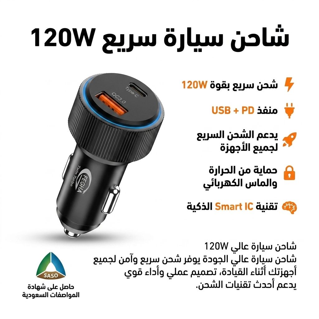 شاحن سيارة سريع 120W PD + USB (منفذين) - صورة 1