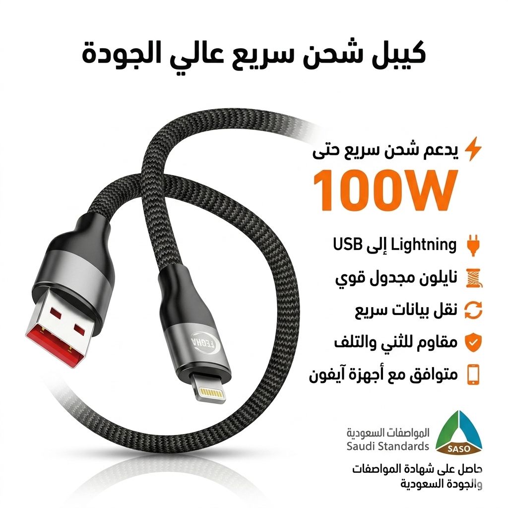 كيبل شحن سريع 100W USB إلى Lightning - صورة 1