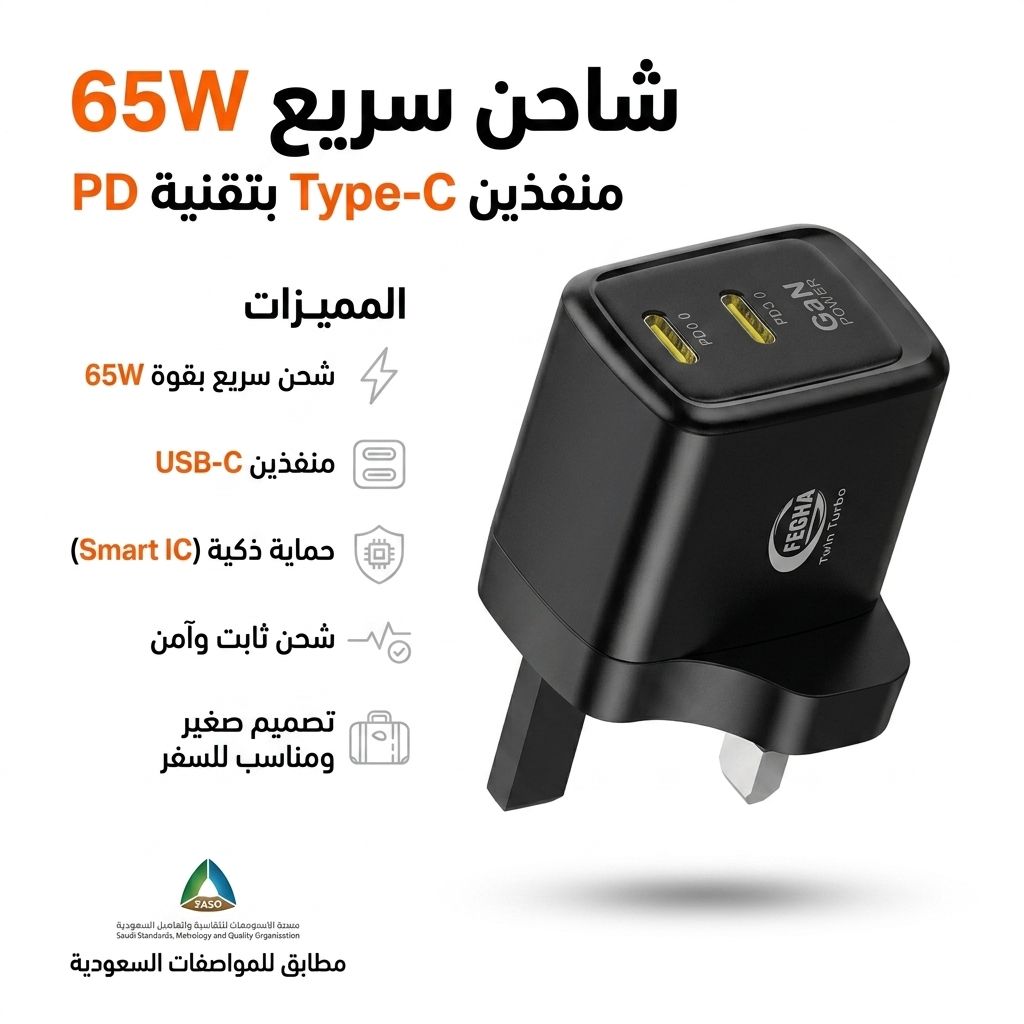 شاحن سريع 65W بمنفذين Type-C - صورة 1