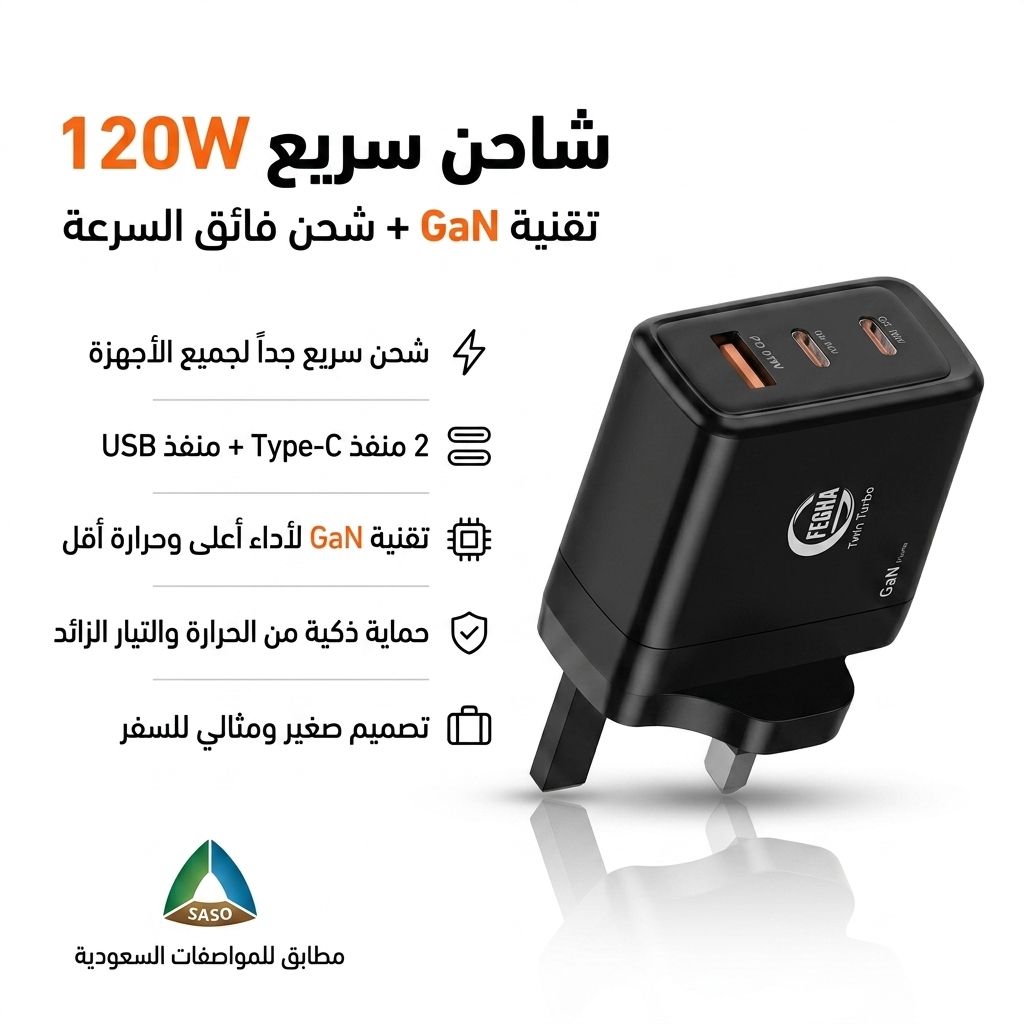 شاحن جداري سريع 120W GaN بثلاث منافذ - صورة 1
