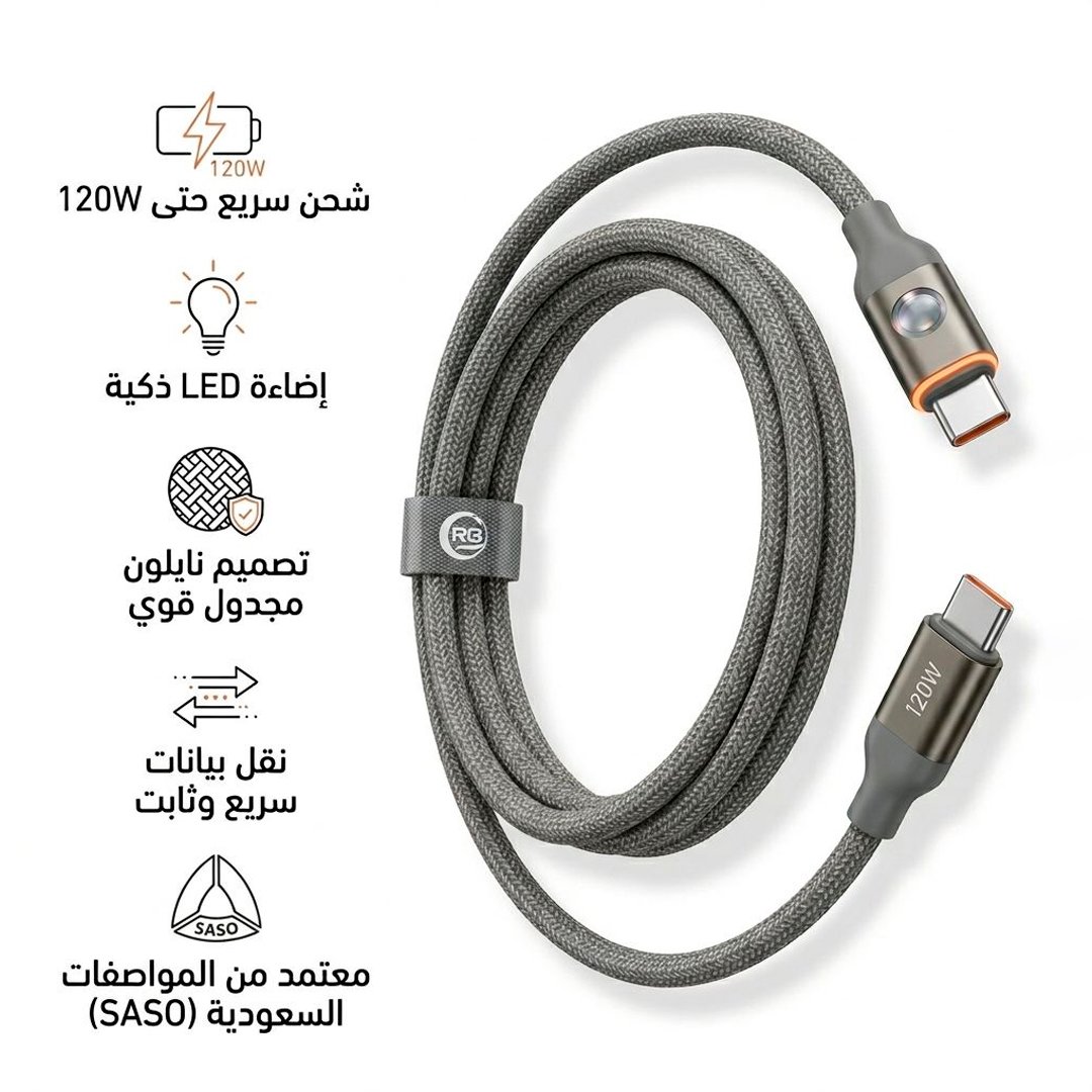 كيبل Type-C شحن سريع 120W بإضاءة LED  - صورة 1