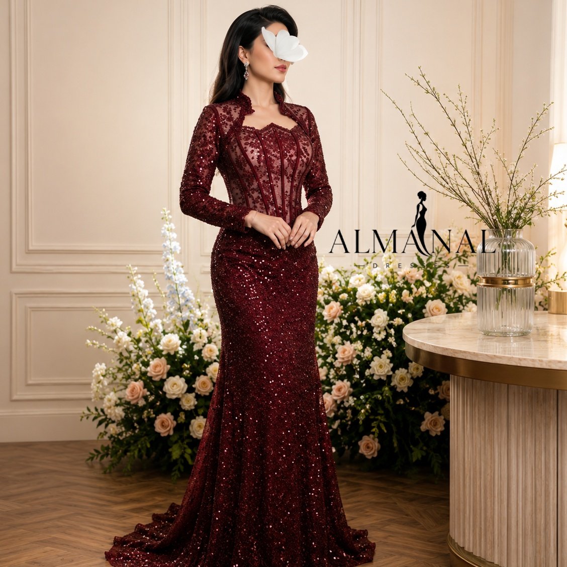 فستان سهره اكمام دانتيل فرنسي خرز تصميم كورسيه - صورة 1