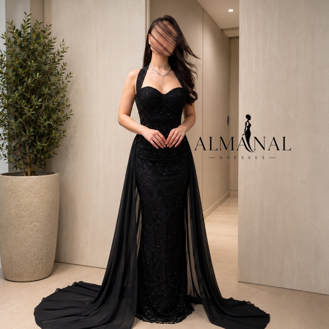 فستان سهره. اسود دانتيل خرز وجورجيت - صورة 1