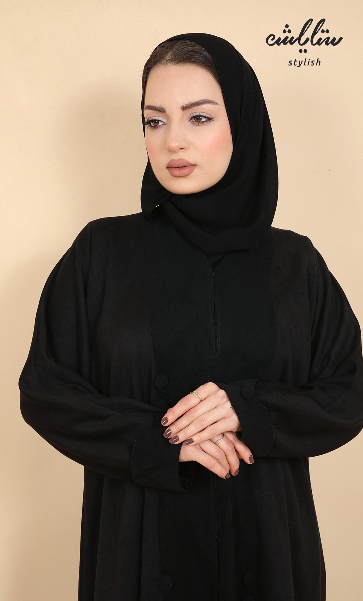عباية شامواه شتوي كم كويتي صفطه ازرار باللون الاسود - صورة 3