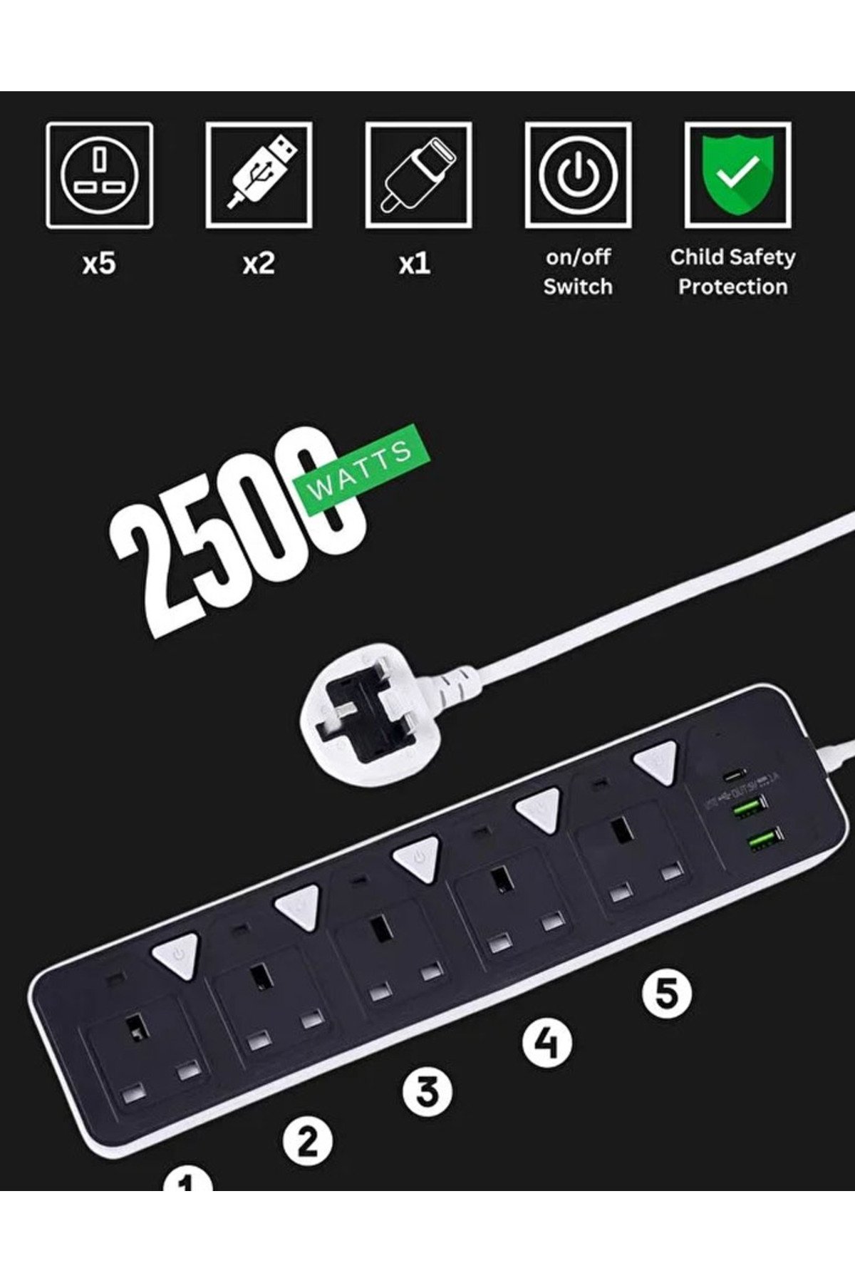 شريط طاقة 8 في 1، 2500 واط، 5 منافذ تيار متردد، 2 منفذ USB، ومنفذ واحد من النوع C، 3.4 أمبير، - صورة 3