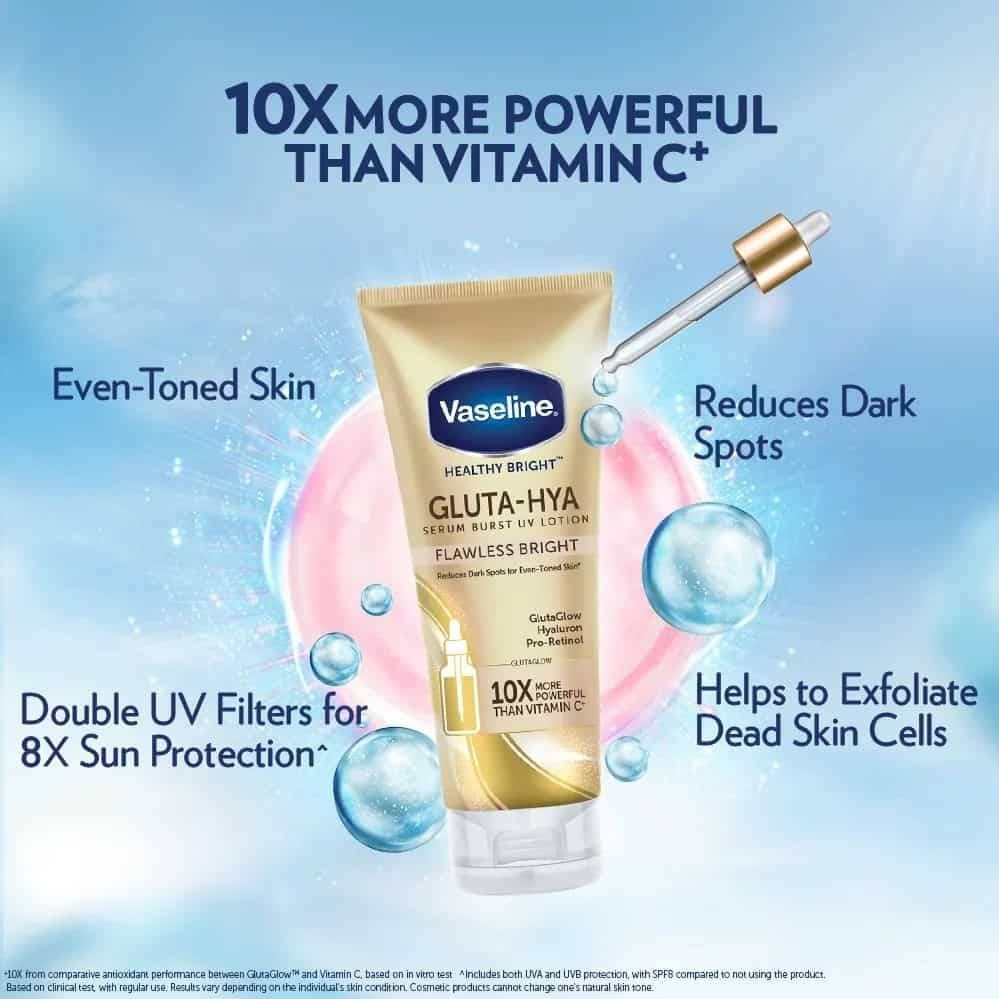 فازلين هيلثي برايت جلوتا-هيا Flawless Bright سيروم لوشن – لتوحيد لون البشرة وتقليل مظهر البقع الداكنة 330مل - صورة 3