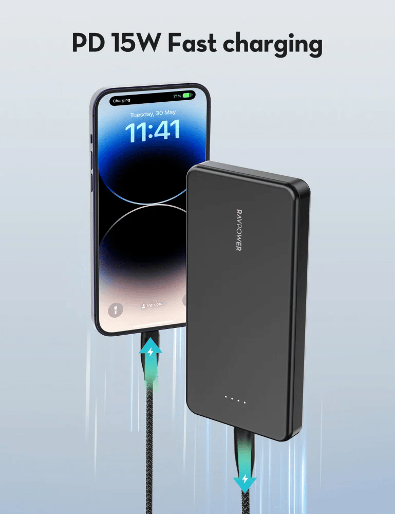 بطارية 10000 ملي امبير بمنفذ تايب سي ومنفذ مايكرو ومنفذ USB بقوة 15 واط-راف باور - صورة 3