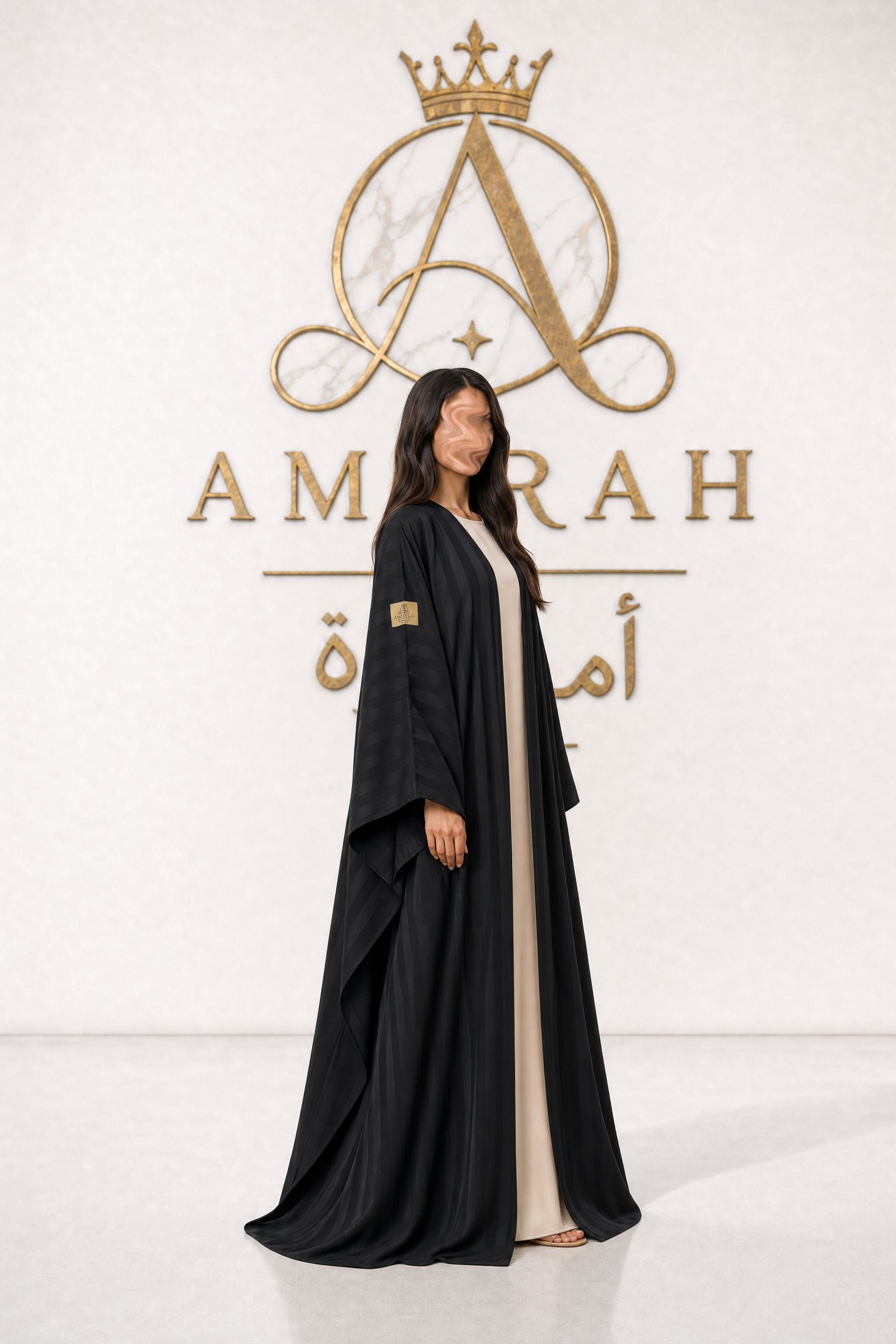 Striped Silk Taffeta Abaya - Luxury Half-Butterfly Design - Image 3