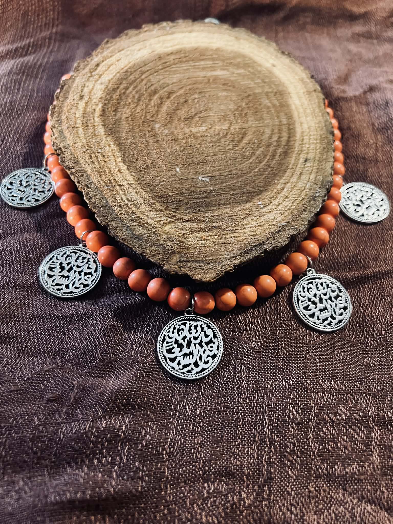 Orange Beaded necklace with round pendants - Image 1
