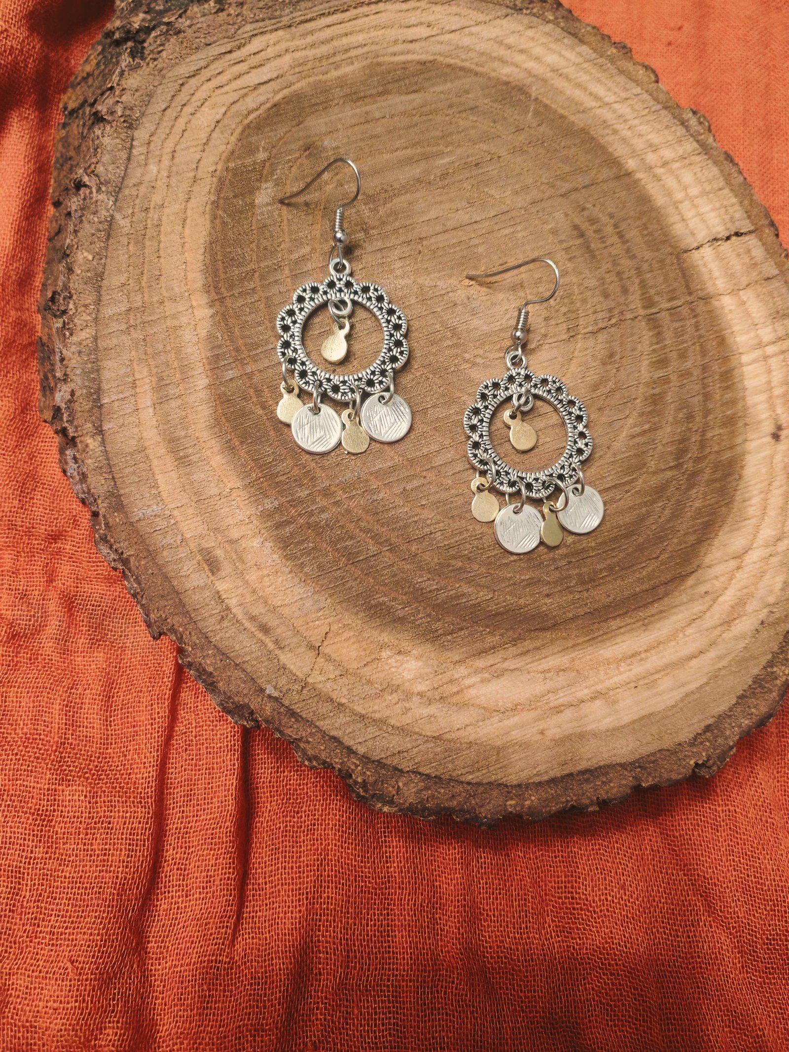 Medium sized silver color earrings with gold brass and silver pendants - Image 4