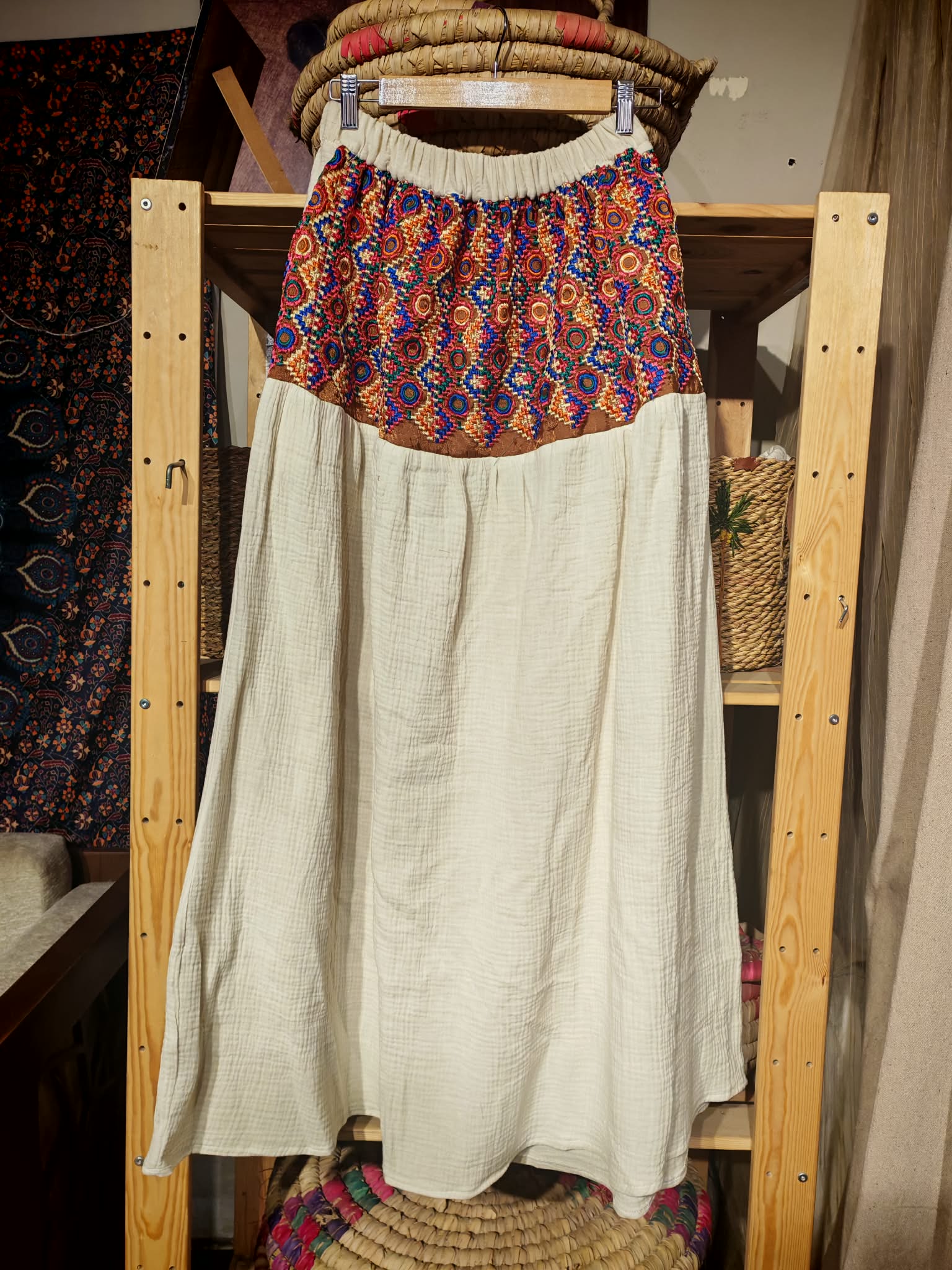 Maxi off white cotton skirt with sirma embroidered Upper part - Image 4