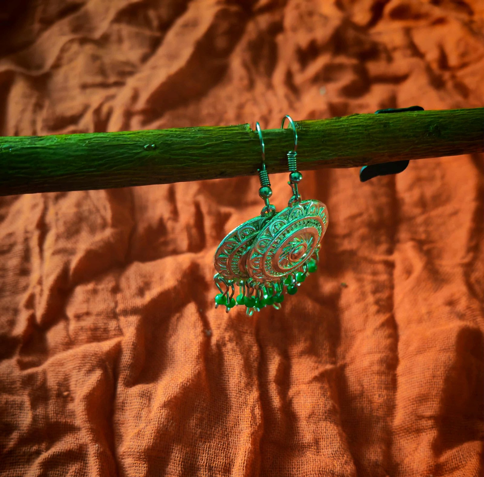 Silver bohemian earrings with green ccircles. - Image 2