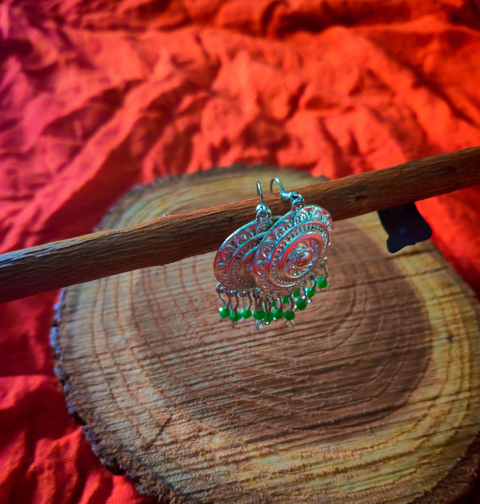 Silver bohemian earrings with green ccircles. - Image 1