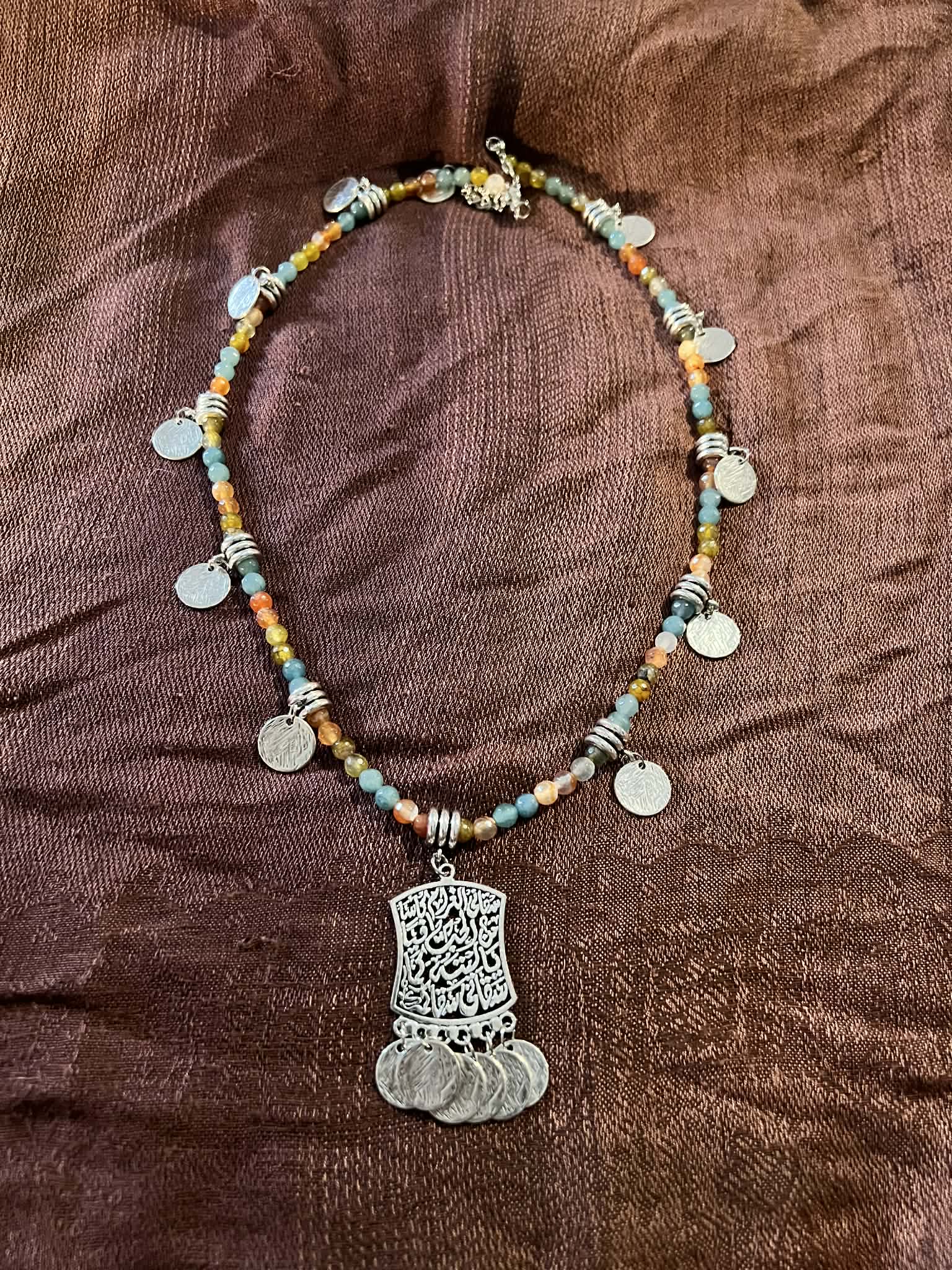 Multi color beads necklace with silver color pendants - Image 1