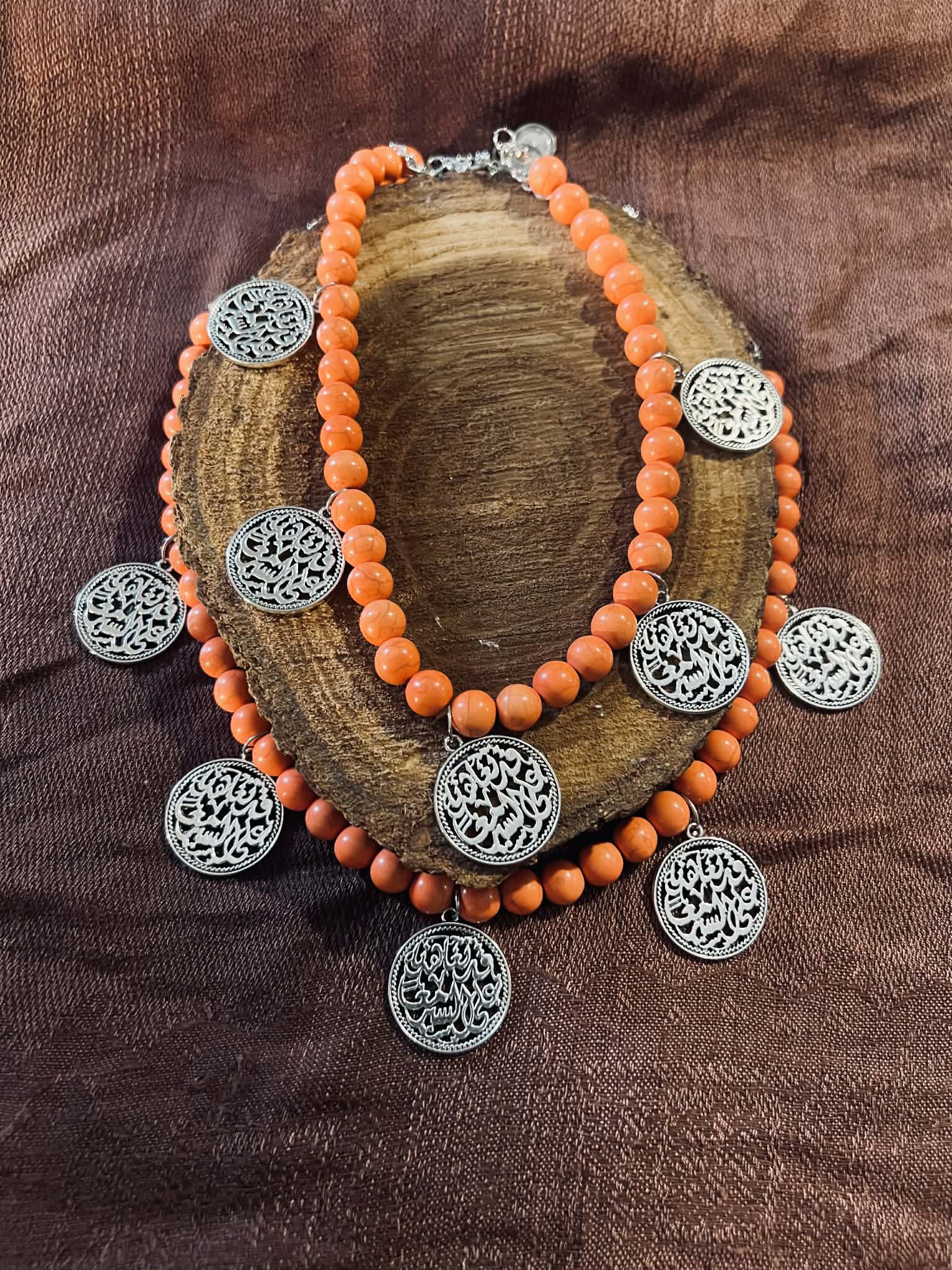 Orange Beaded necklace with round pendants - Image 2
