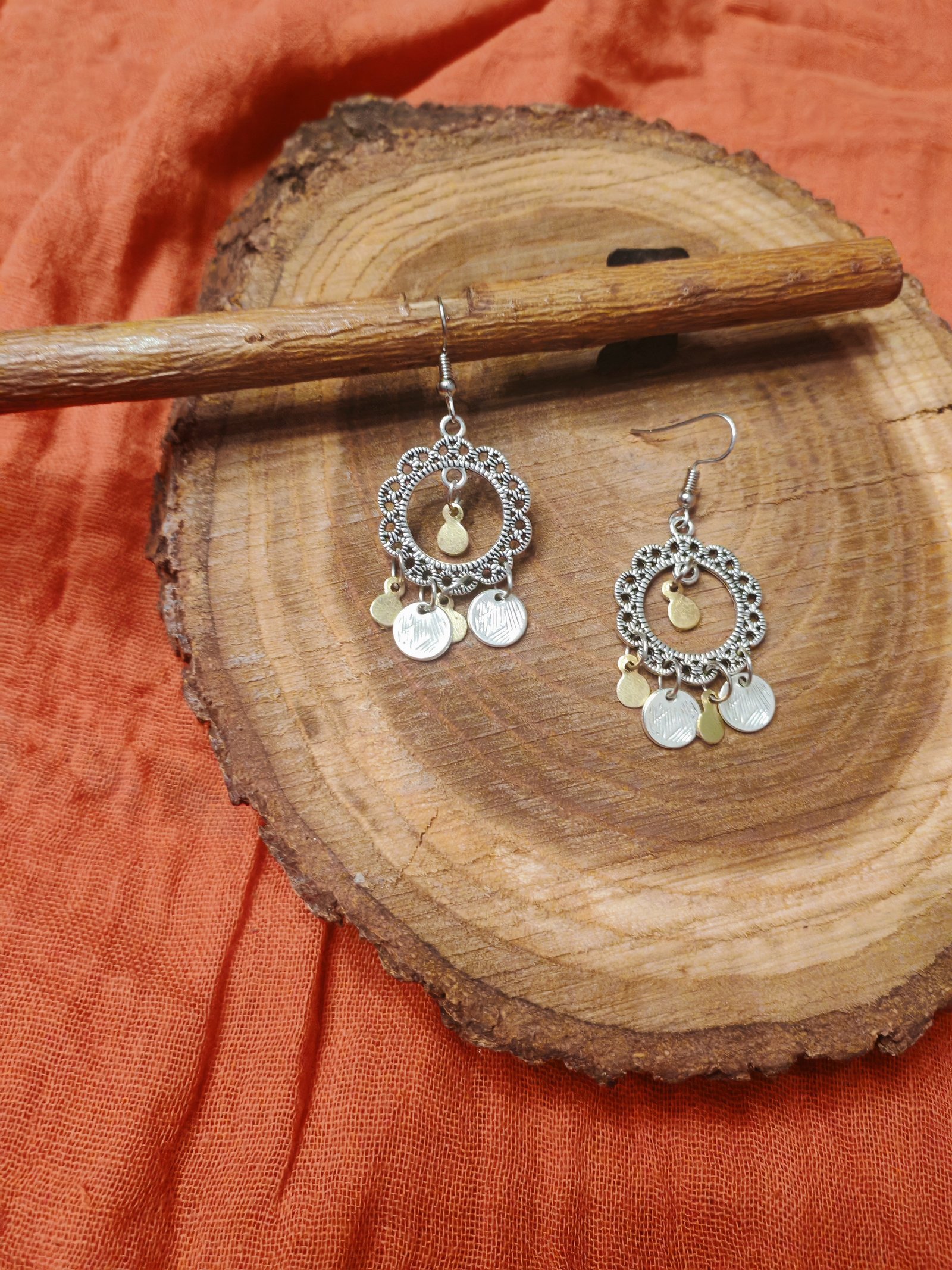Medium sized silver color earrings with gold brass and silver pendants - Image 3