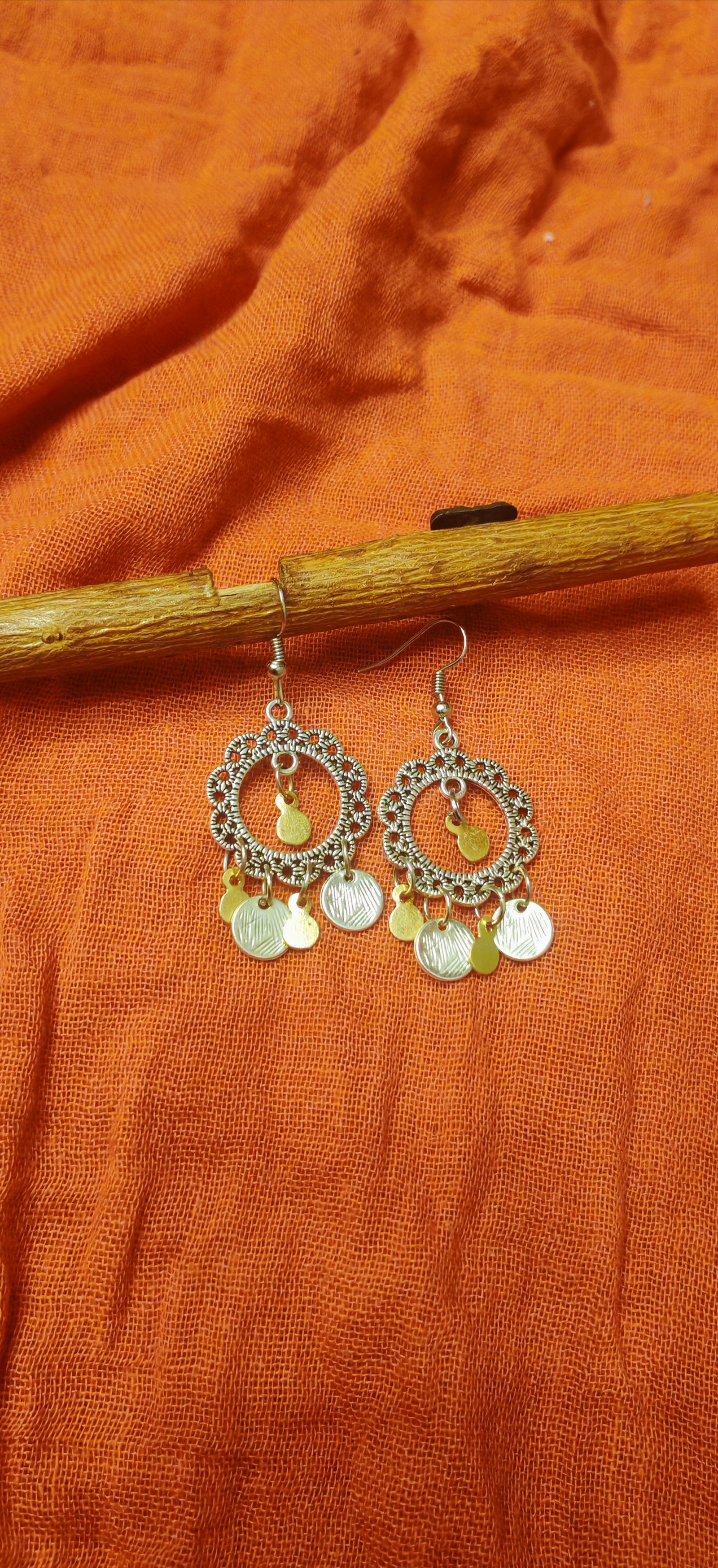 Medium sized silver color earrings with gold brass and silver pendants - Image 2