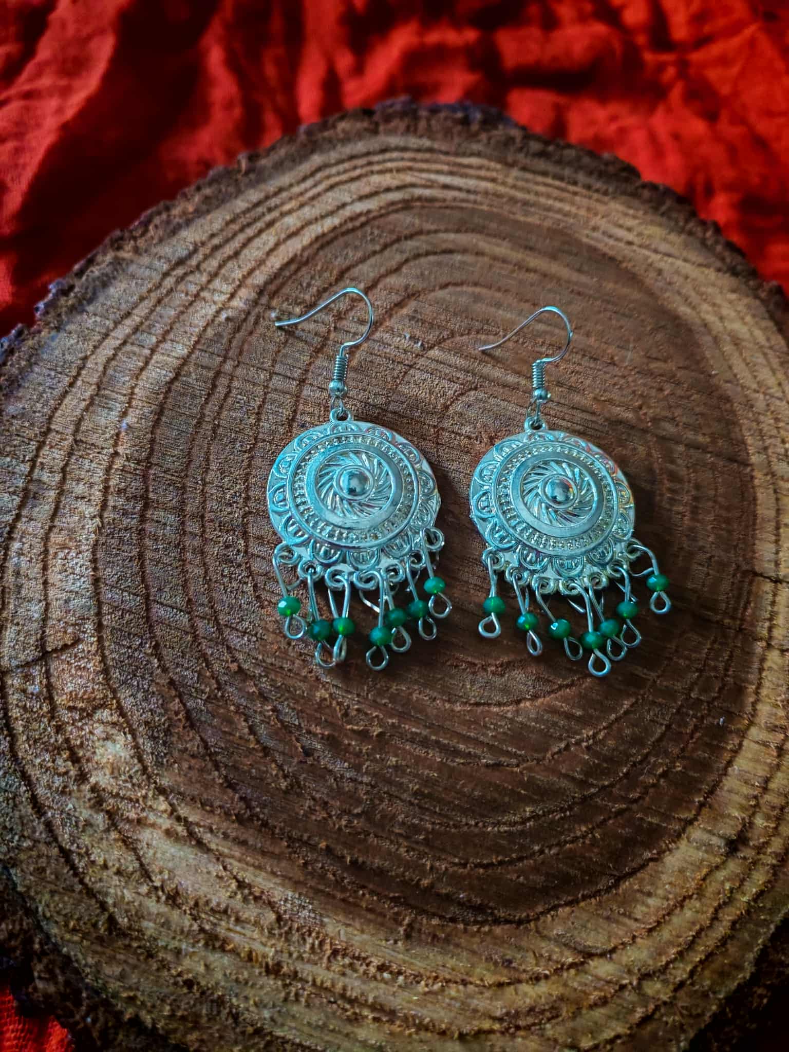 Silver bohemian earrings with green ccircles. - Image 3