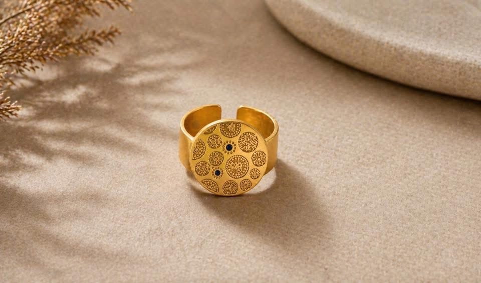 Intricate embossed 18k gold plated free size ring - Image 1