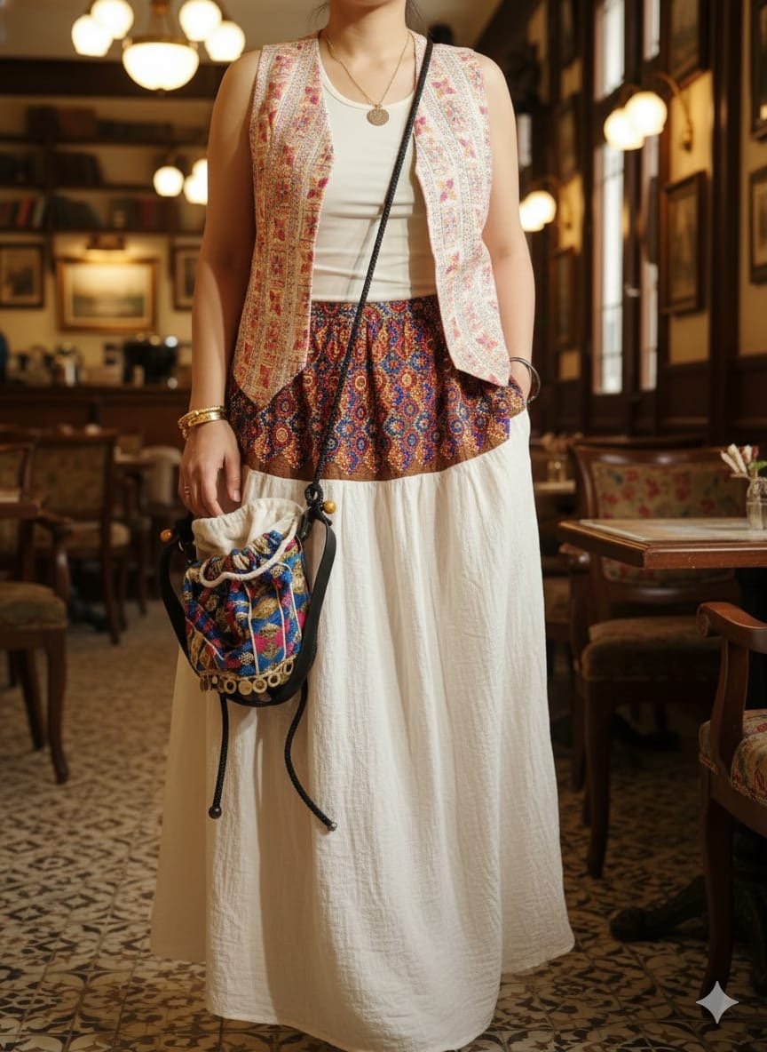 Maxi off white cotton skirt with sirma embroidered Upper part - Image 5
