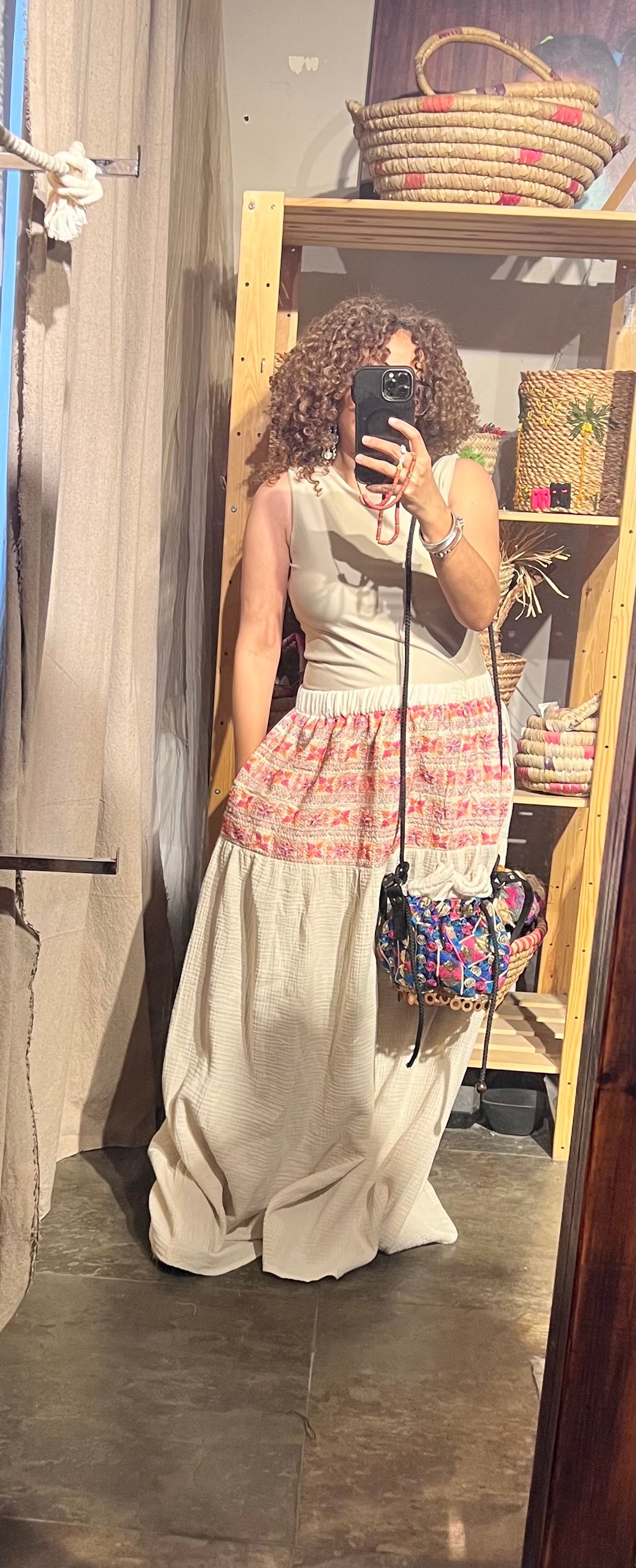 Maxi cotton linen off white skirt with sirma embroidered upper part - Image 3
