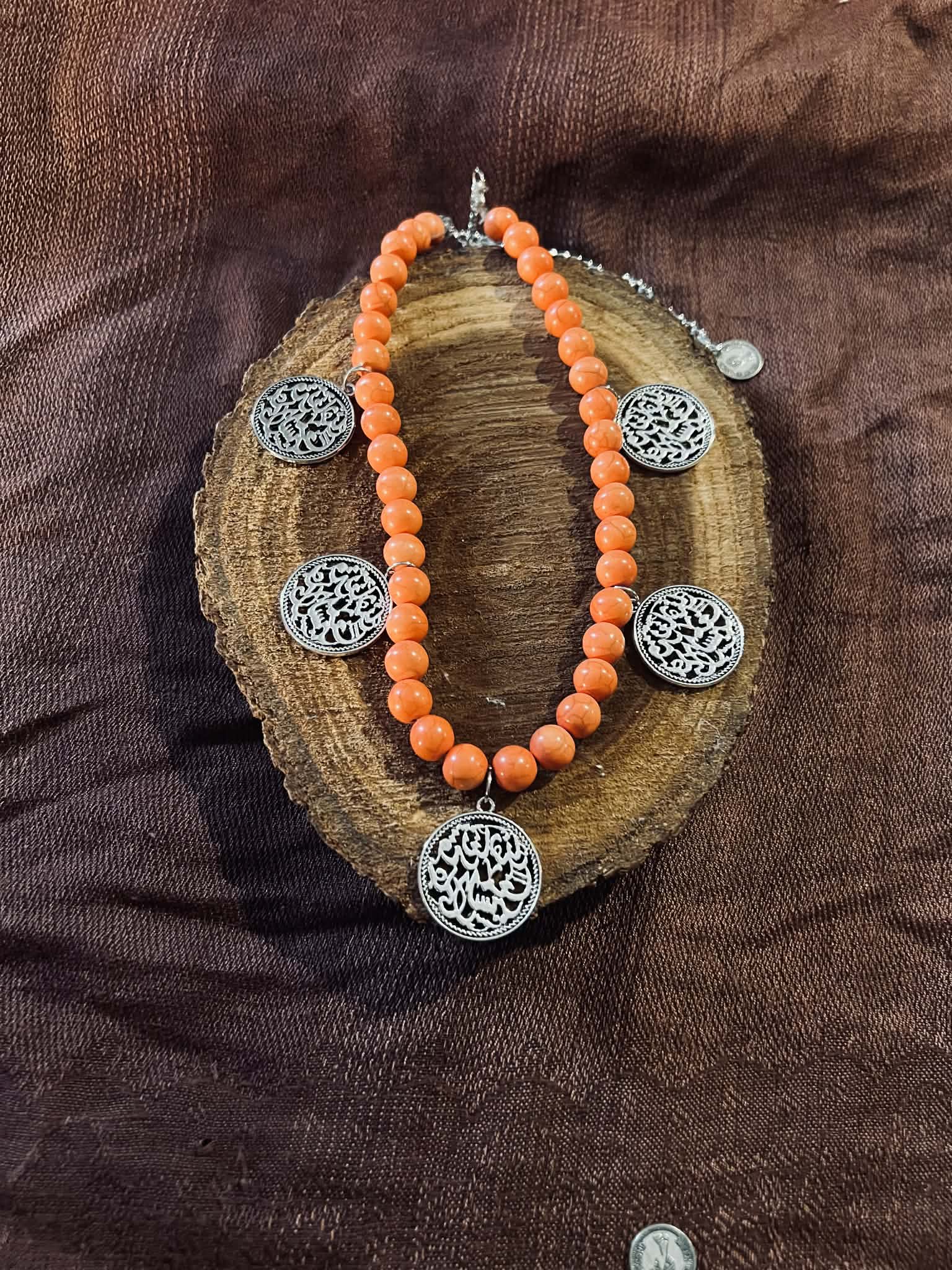 Orange Beaded necklace with round pendants - Image 3