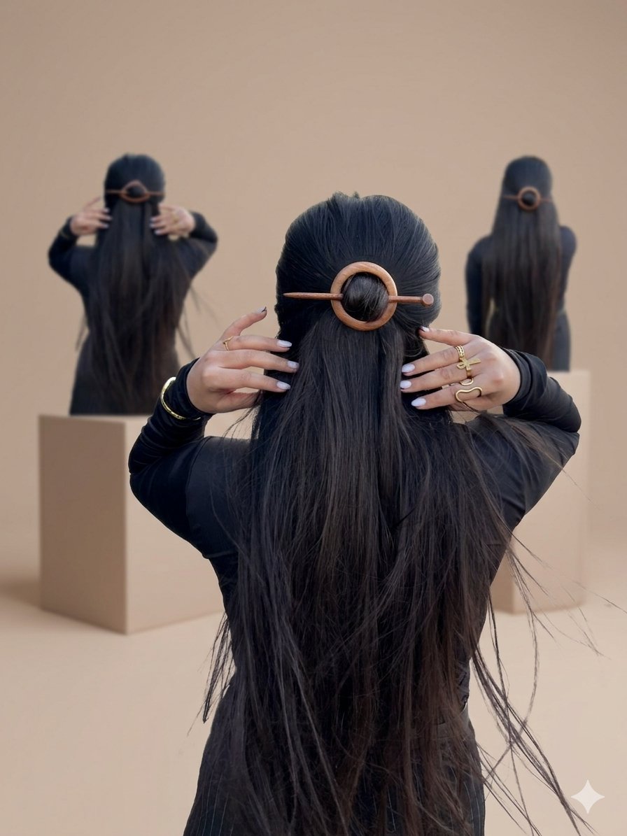 Round Wooden Hair Barrette - صورة 2