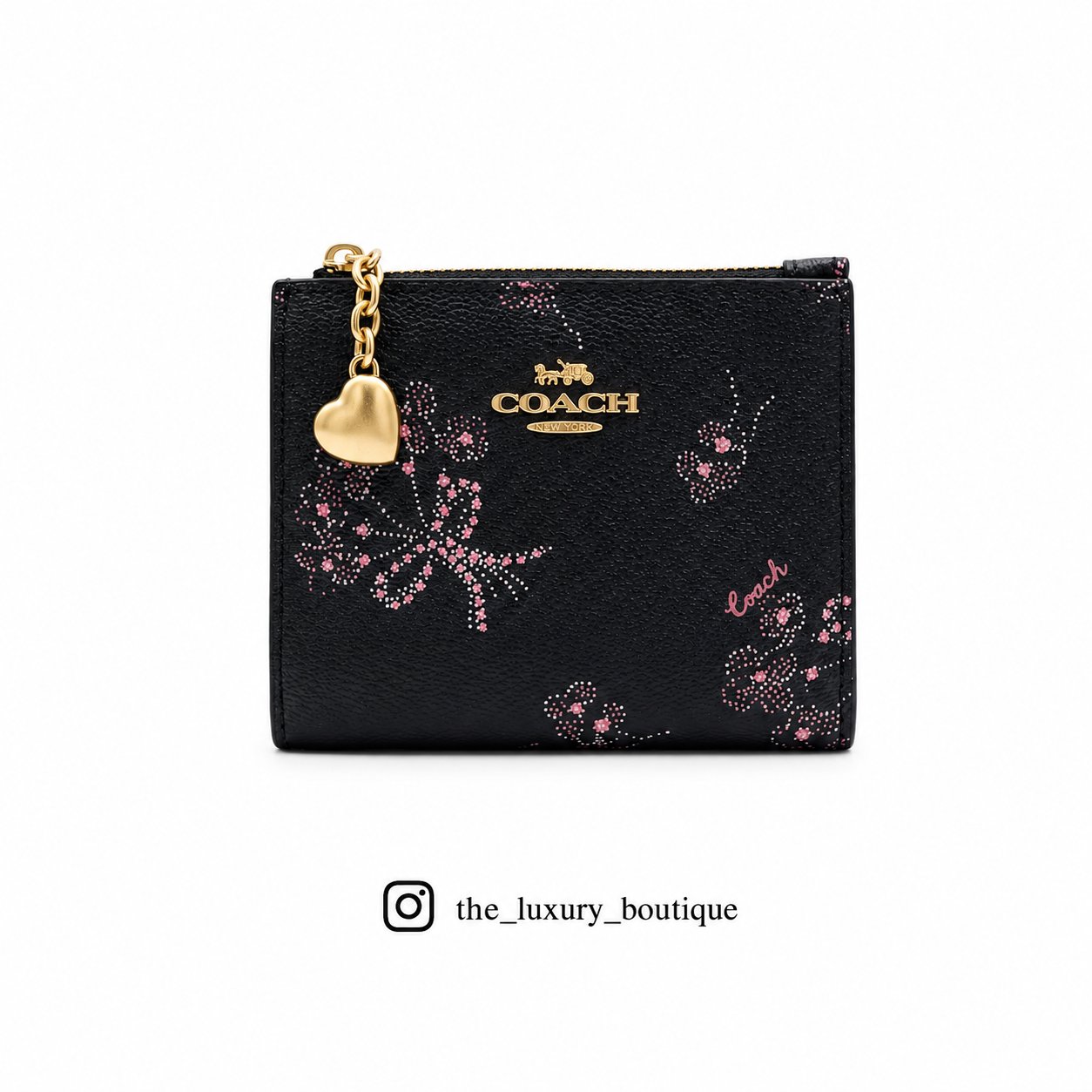 Coach bifold wallet black with purple flowers - Image 1