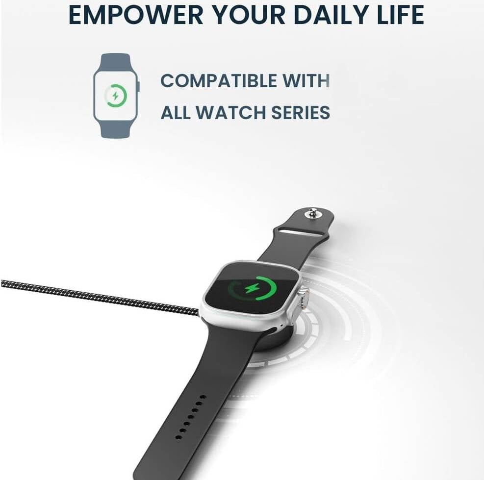 كيبل شاحن ساعة Powerology Braided Type-C، 5 وات، 1.2 متر، متوافق مع Apple Smartwatch، أسود مغناطيسي - صورة 3
