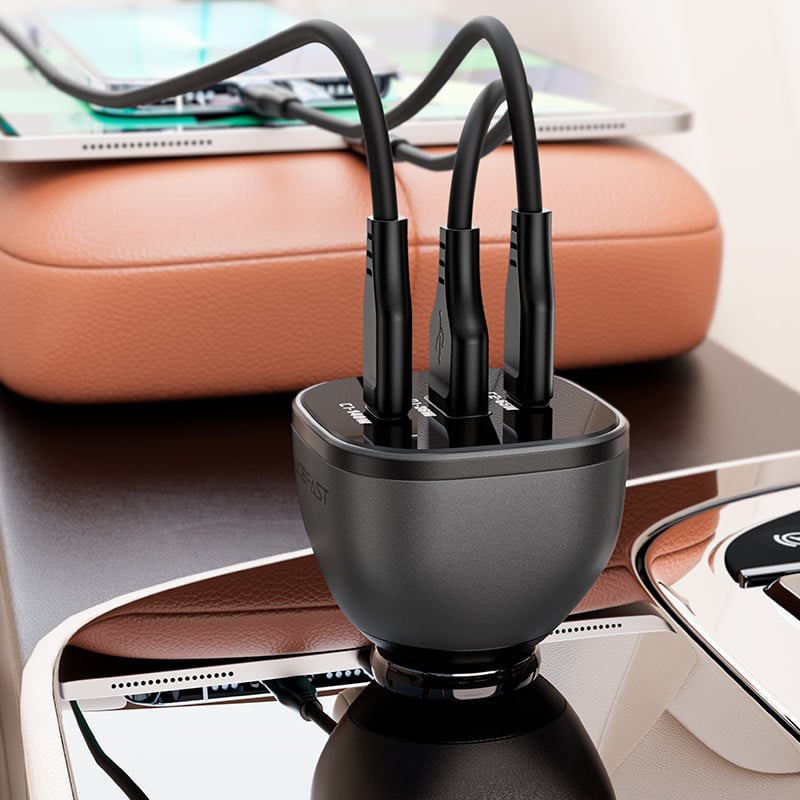 شاحن سيارة AceFast بمنفذين تايب سي ومنفذ USB-A بقوة 165 واط - اسود - صورة 3