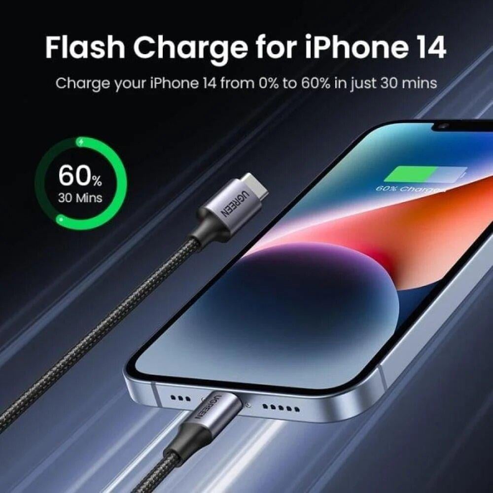 سلك شاحن يوجرين من USB-C إلى آيفون مضفر بطول 2 م - أسود - صورة 3
