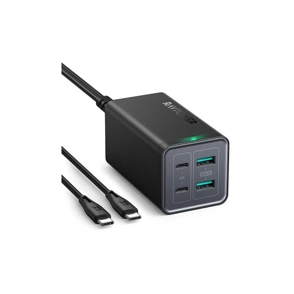 منصة شحن راف باور 120 واط بمنفذين USB ومنفذين تايب سي مع كابل تايب سي تايب سي بقدرة 100 واط - صورة 1