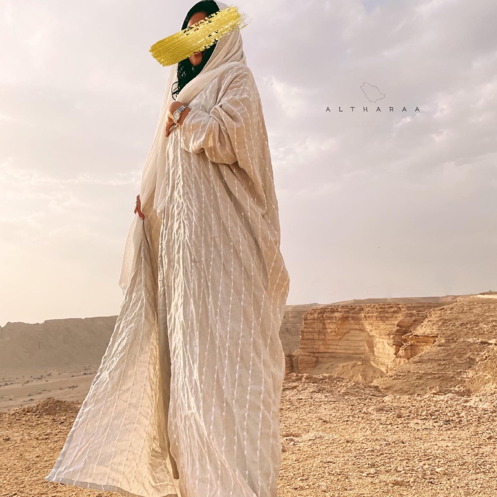 عباية لينن طبيعي بيج/أبيض - صورة 1