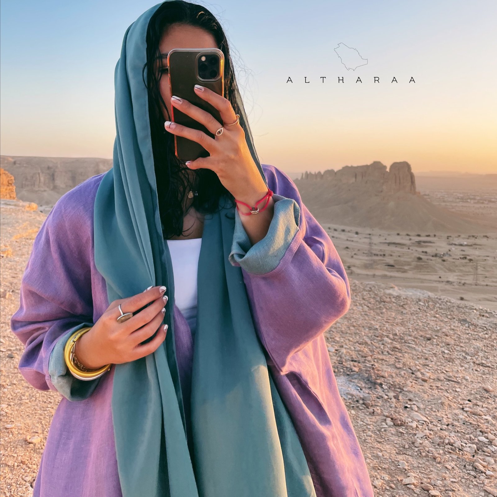 عباية لينن طبيعي موف/تركواز  - Image 1