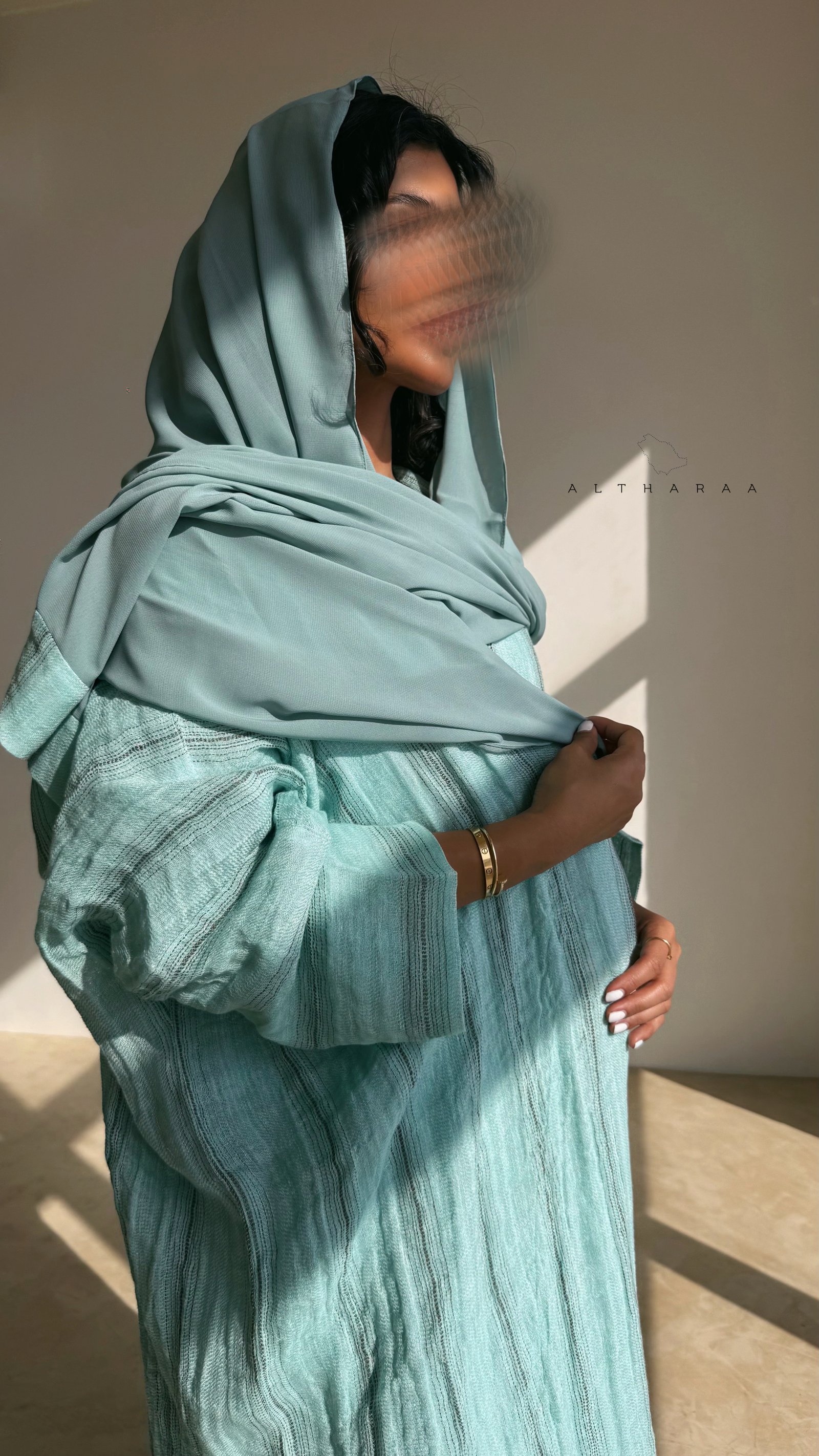 عباية لينن طبيعي (تركواز)  - Image 1