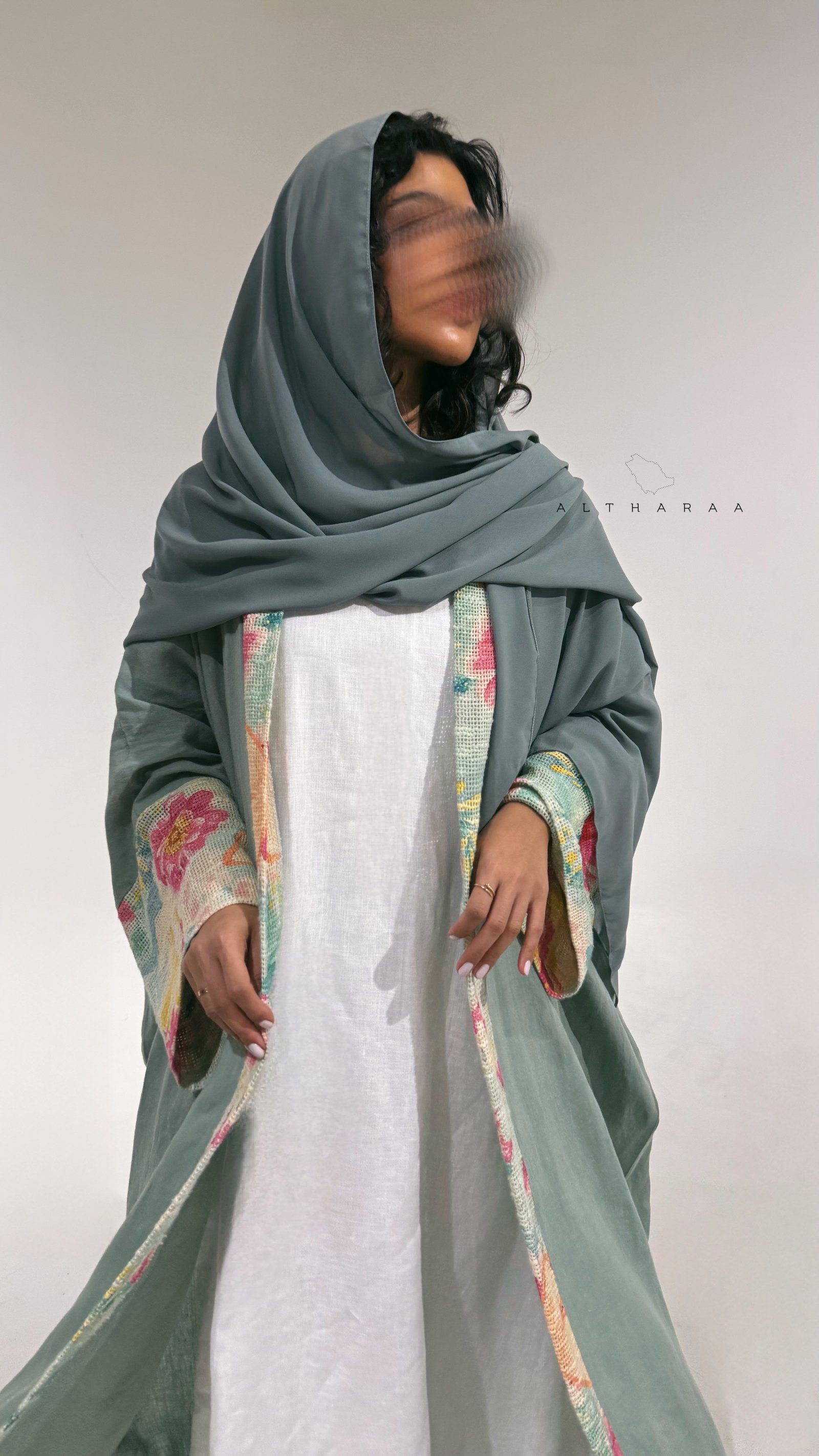عباية لينن طبيعي / خيش (تركواز)  - صورة 2