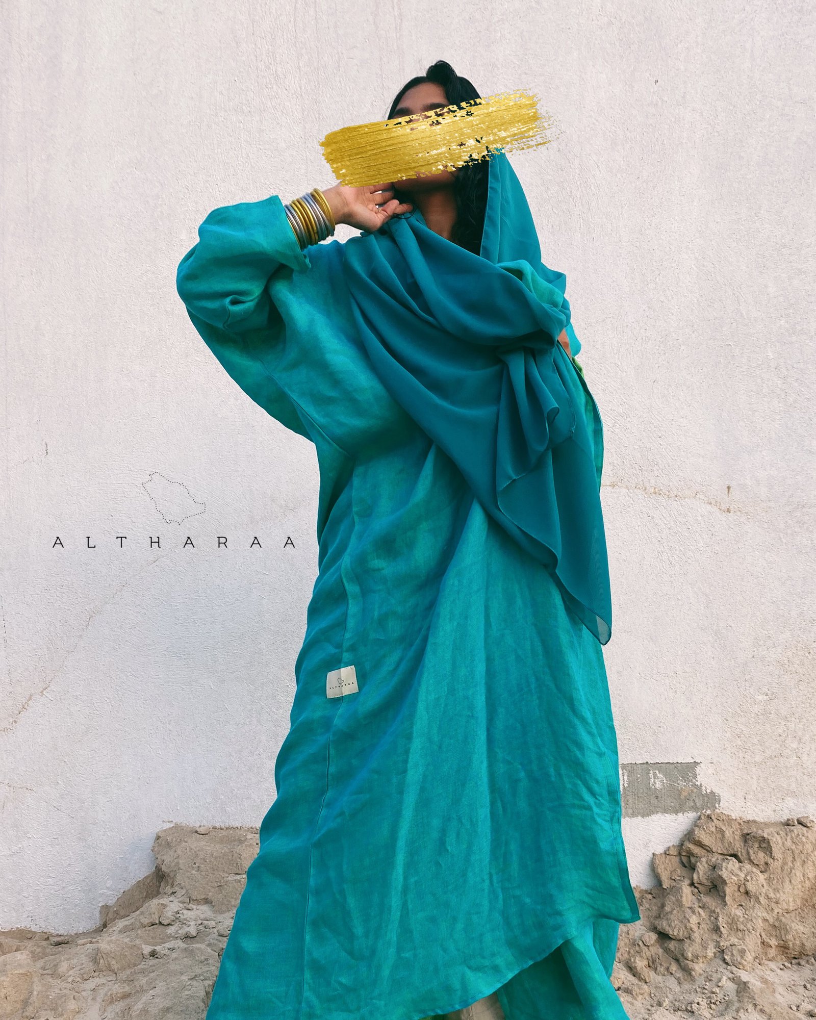 عباية لينن طبيعي تركواز/أخضر - صورة 1