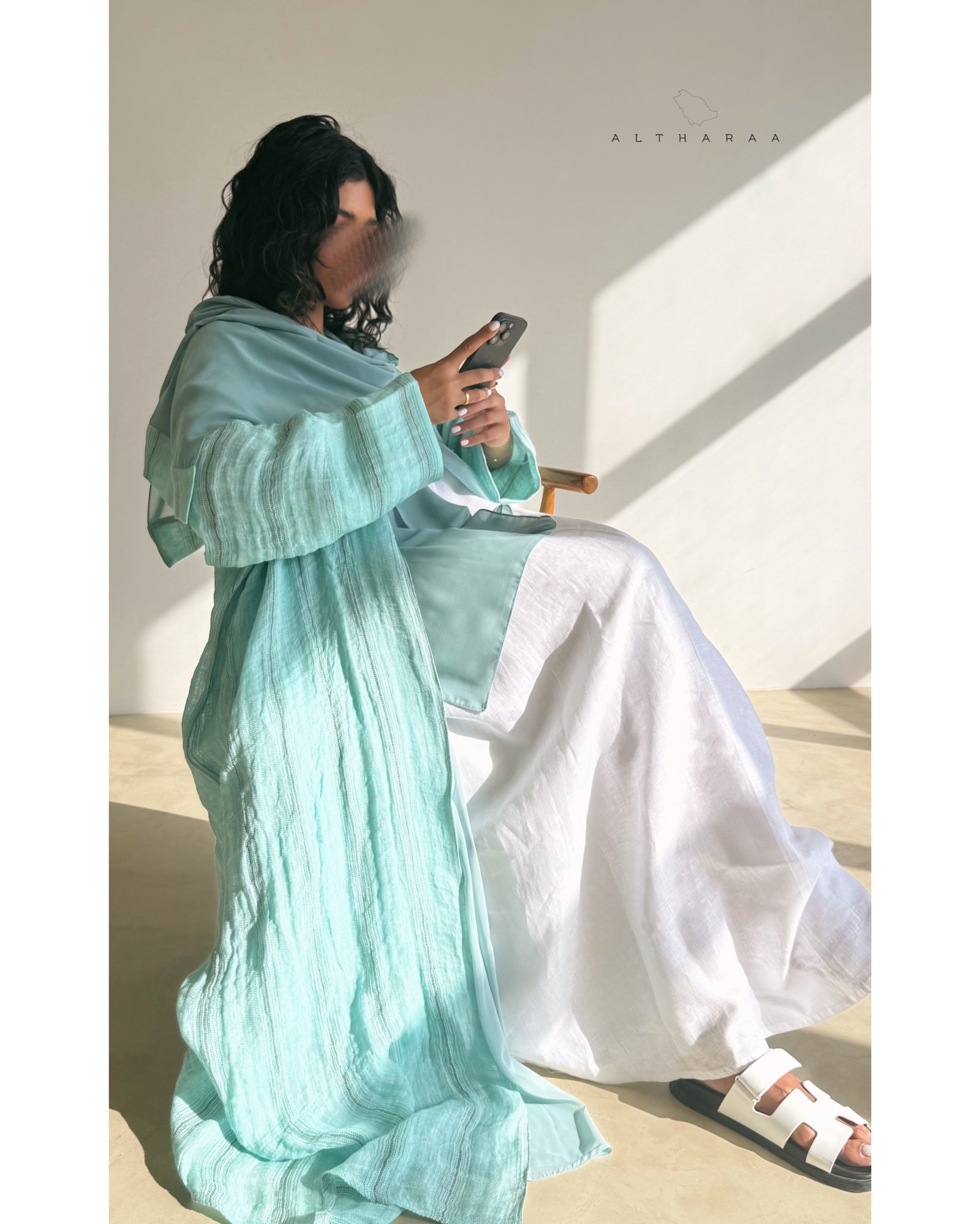 عباية لينن طبيعي (تركواز)  - Image 4