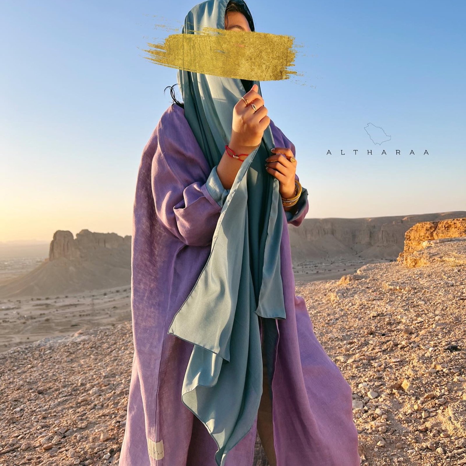 عباية لينن طبيعي موف/تركواز  - Image 4