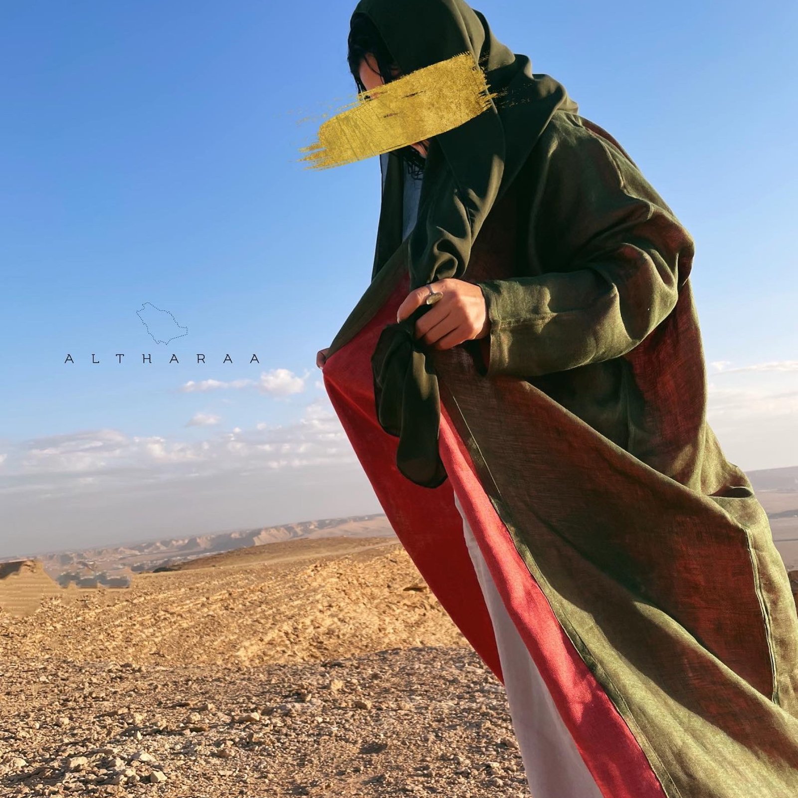 عباية لينن طبيعي زيتي / أحمر - صورة 2