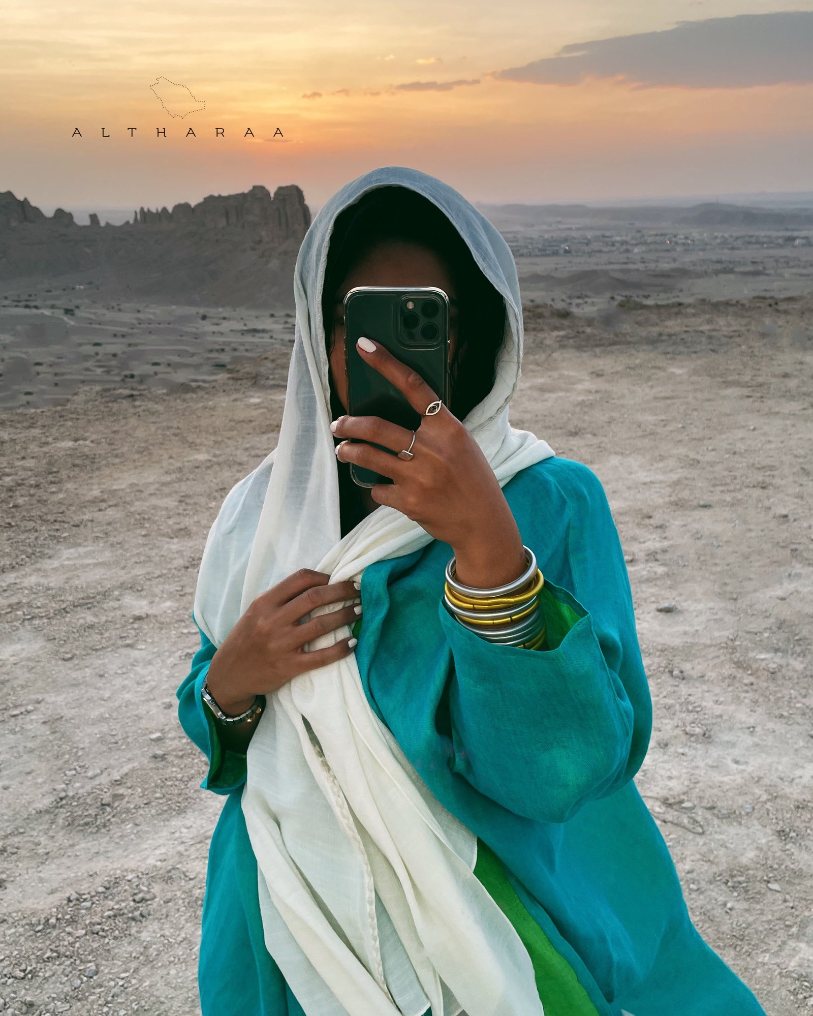 عباية لينن طبيعي تركواز/أخضر - صورة 2