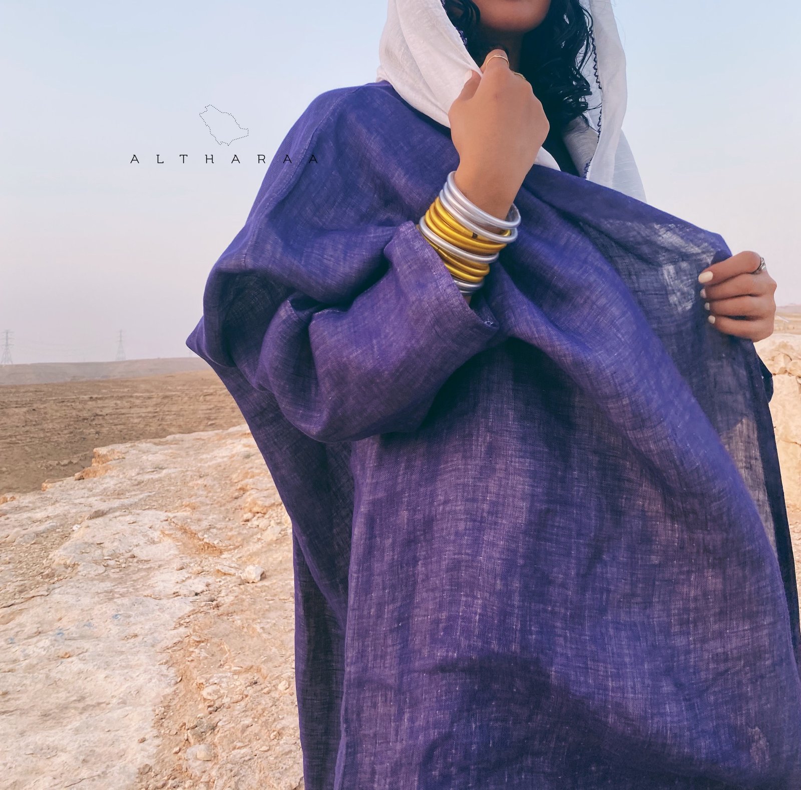 عباية لينن طبيعي موف/اوف وايت - Image 6