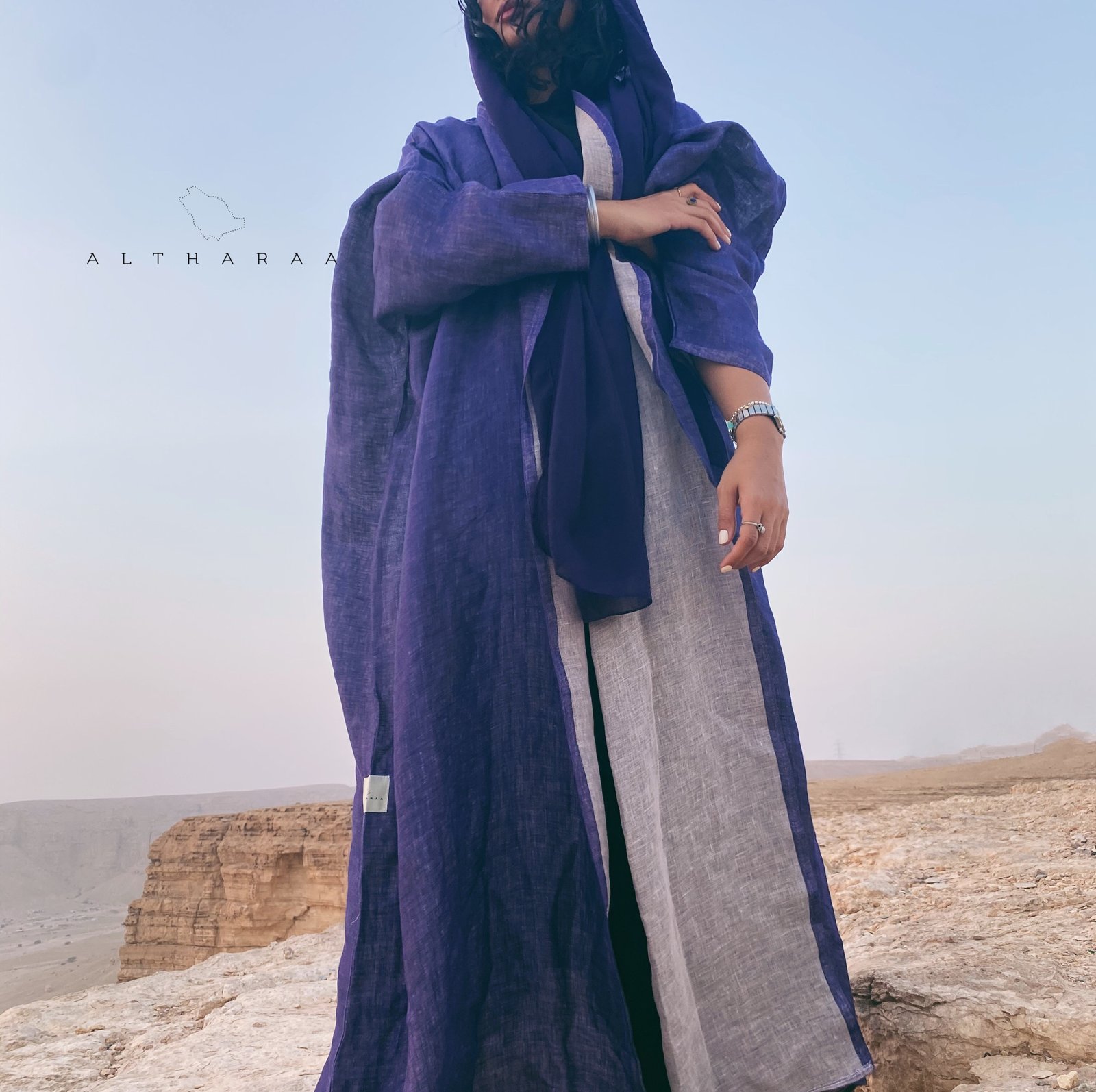 عباية لينن طبيعي موف/اوف وايت - Image 1