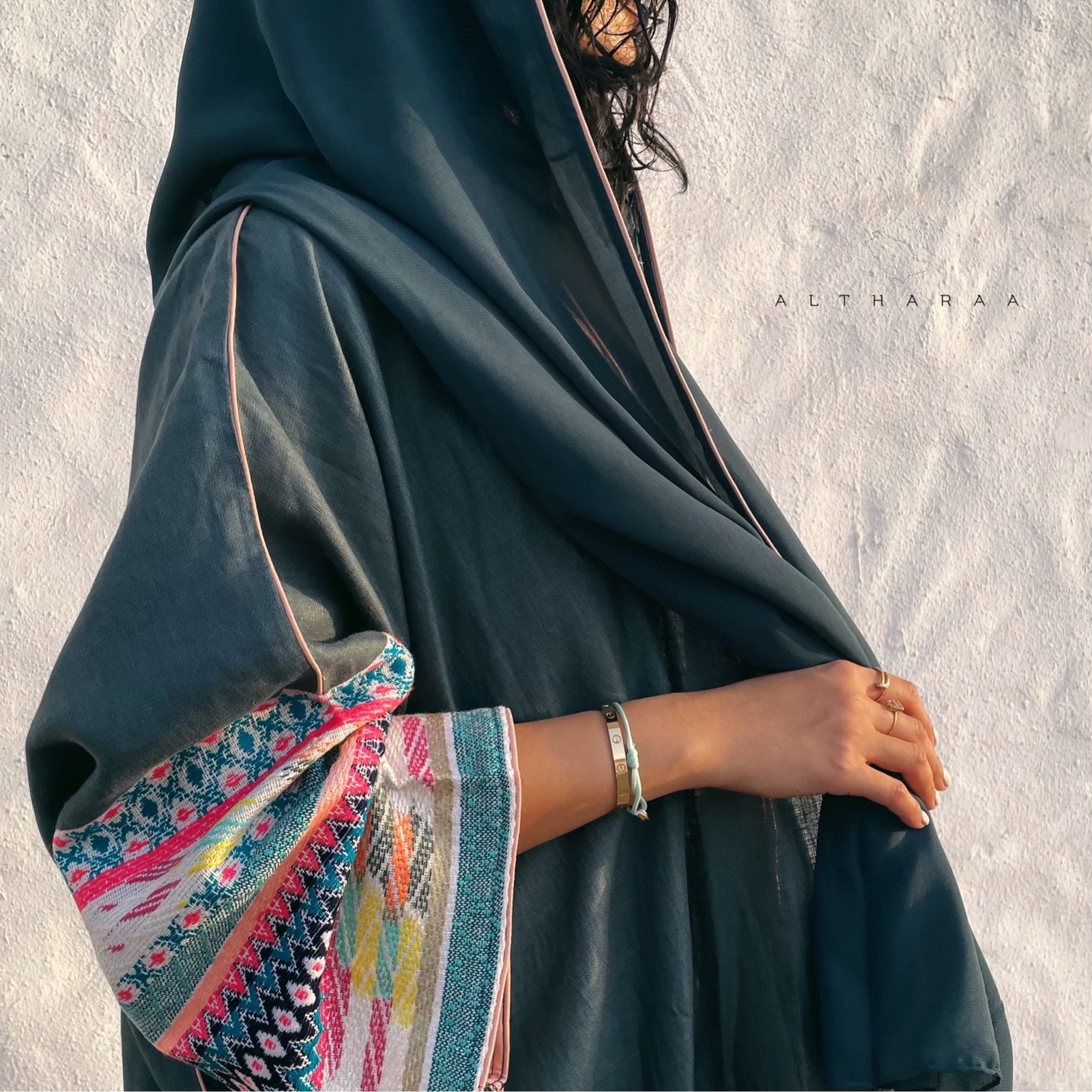 عباية لينن طبيعي مع سدو (تركواز) - صورة 1