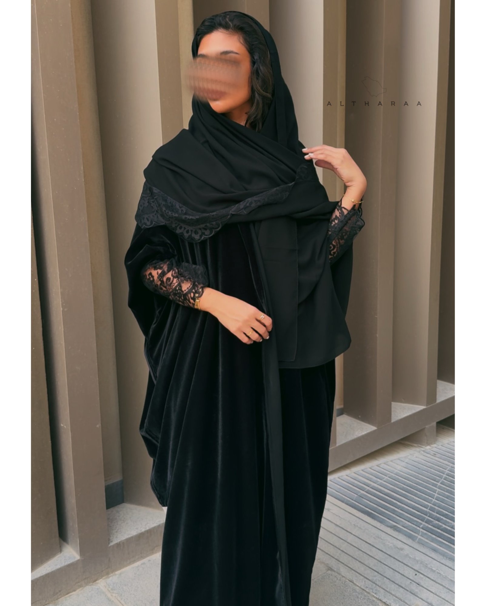 Lace- Embellished Velvet Abaya (Black) - Image 1